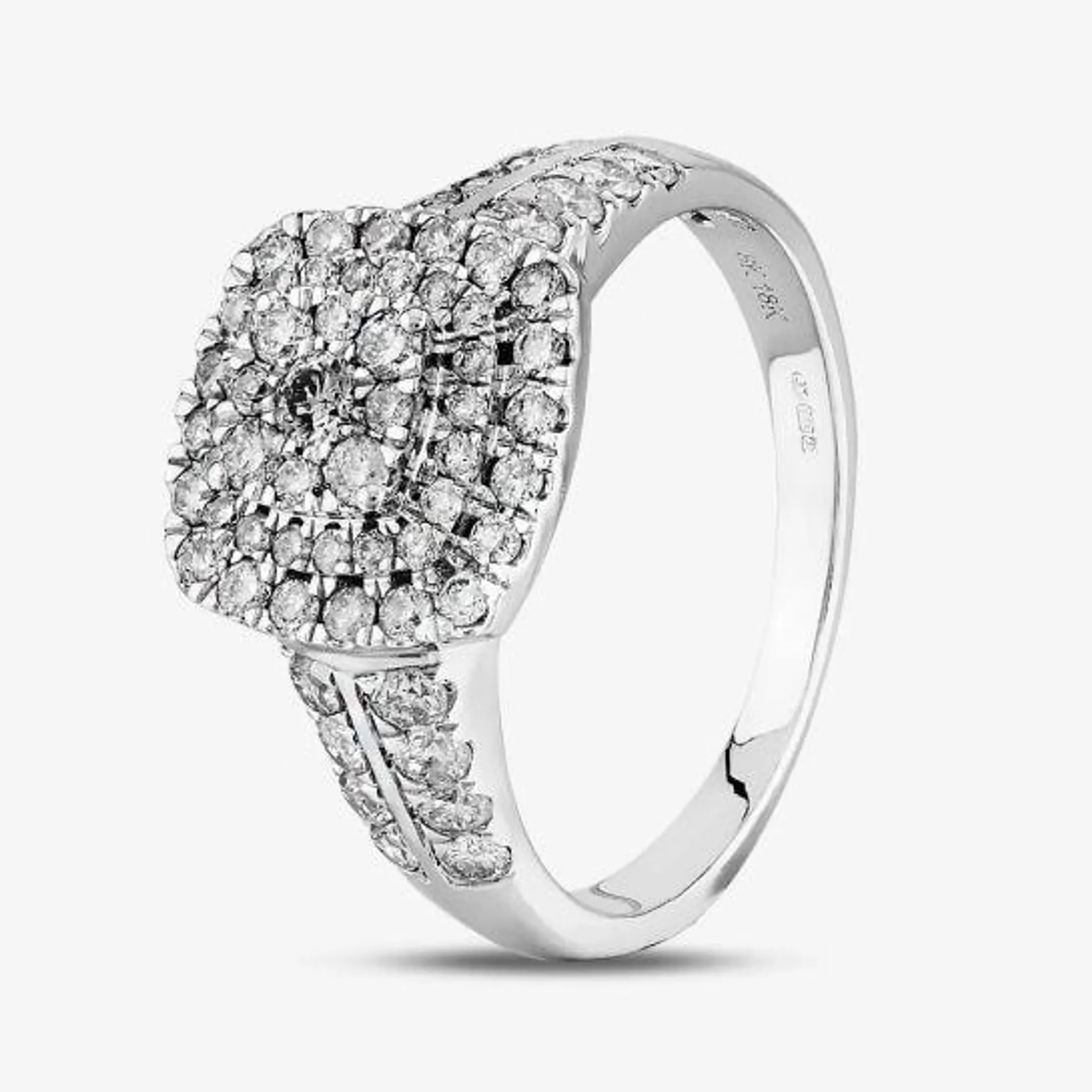 Pure Brilliance 18ct White Gold 1.00ct Diamond Shouldered Cushion Cluster Ring THR15868-100