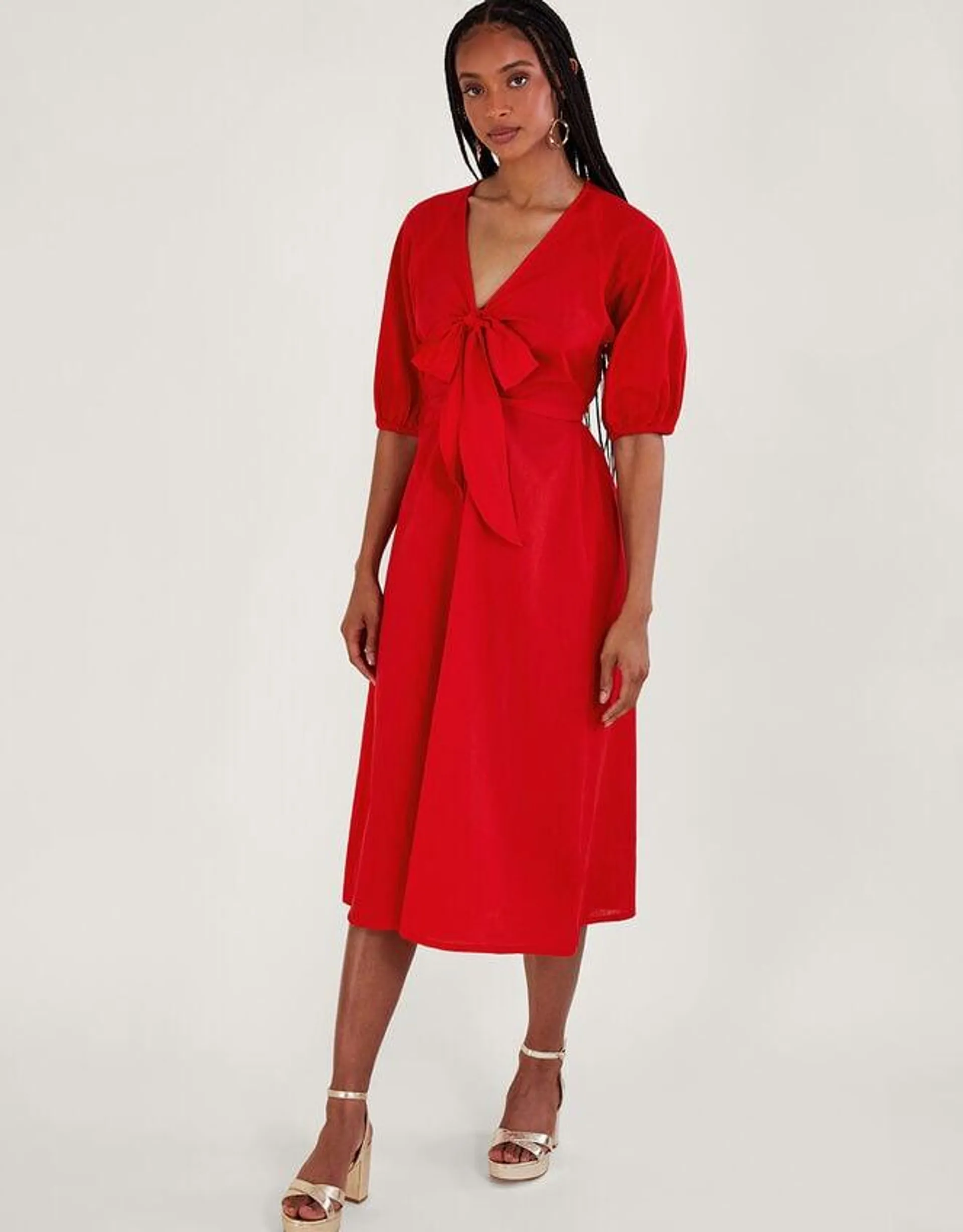 Inez Plain Tie Front Midi Dress Red