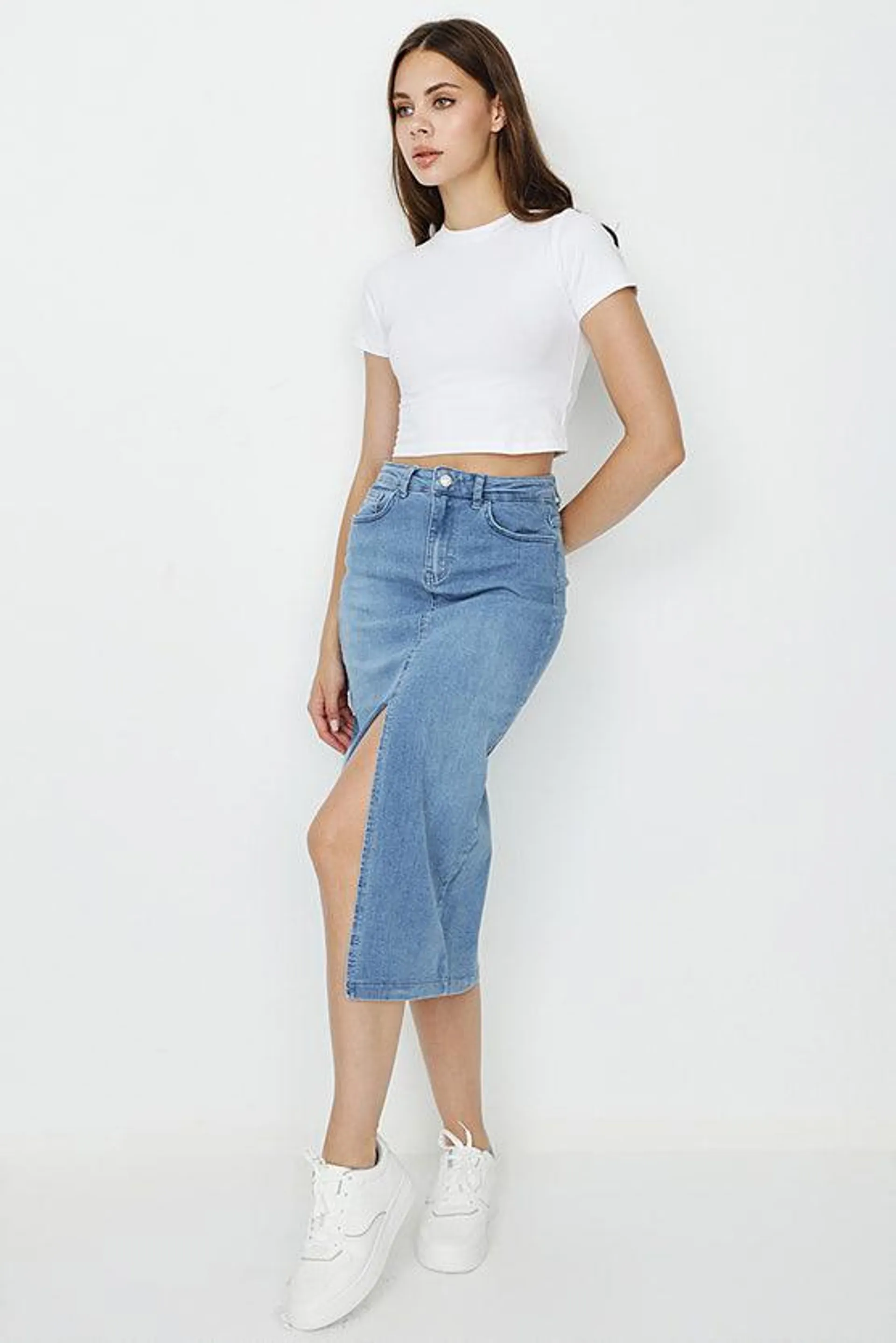 Midwash Denim Midi Skirt