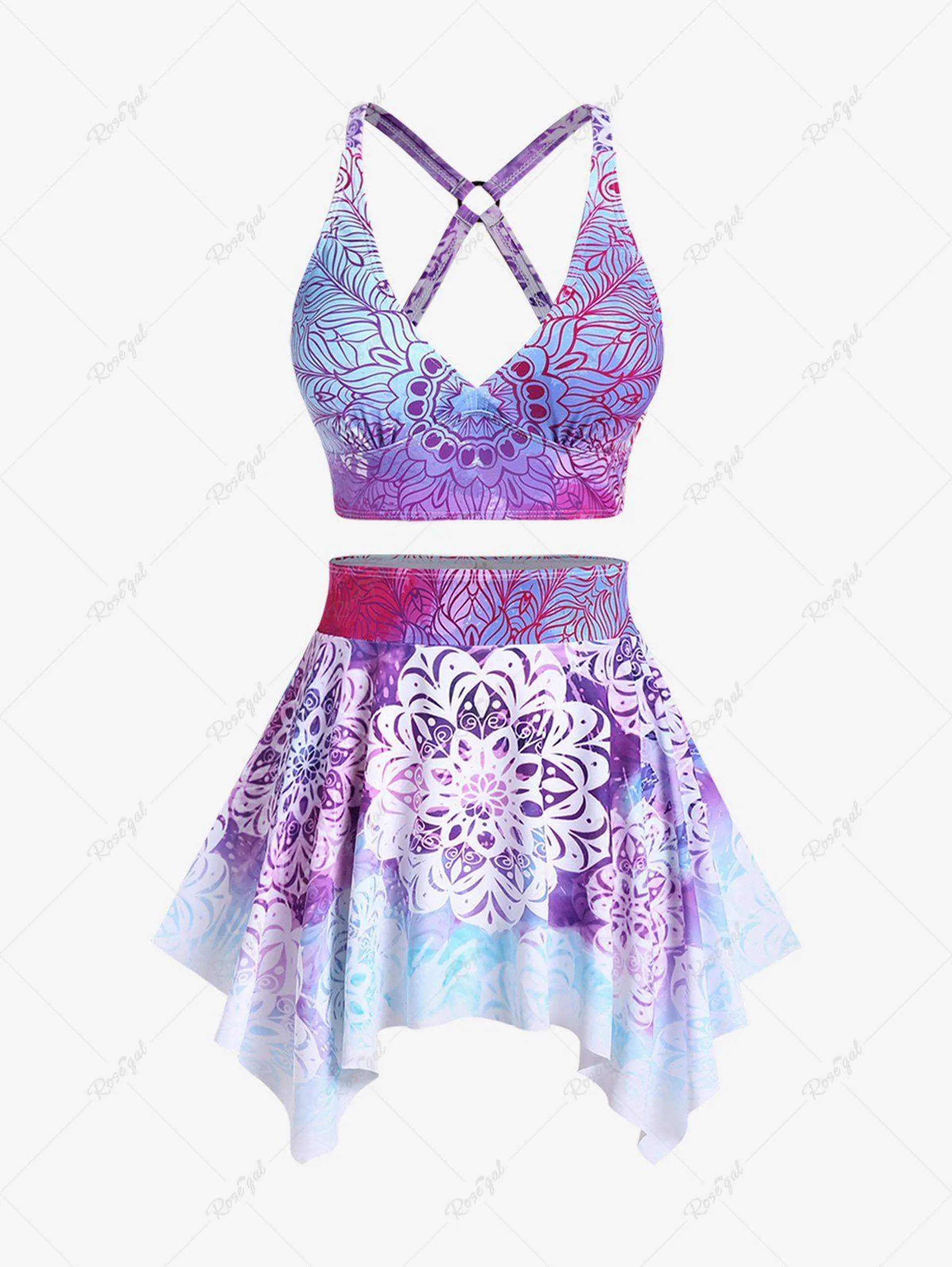 Plus Size Ethnic Printed Ombre O-ring Padded Three Piece Skirt Tankini Swimsuit - 4x | Us 26-28