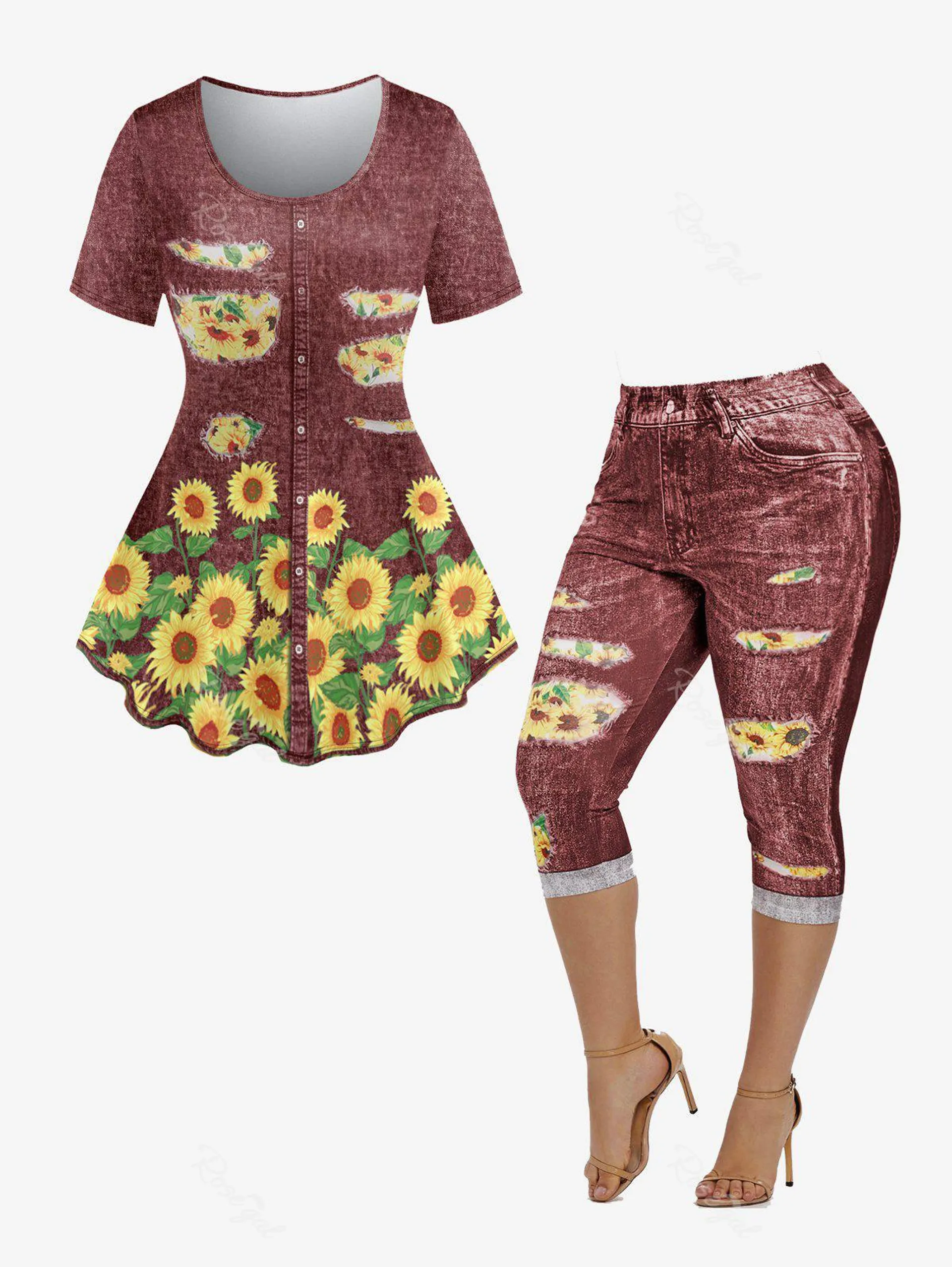 3D Sunflowers Print Hole Button Denim T-Shirt and Capri Jeggings Plus Size Outfits
