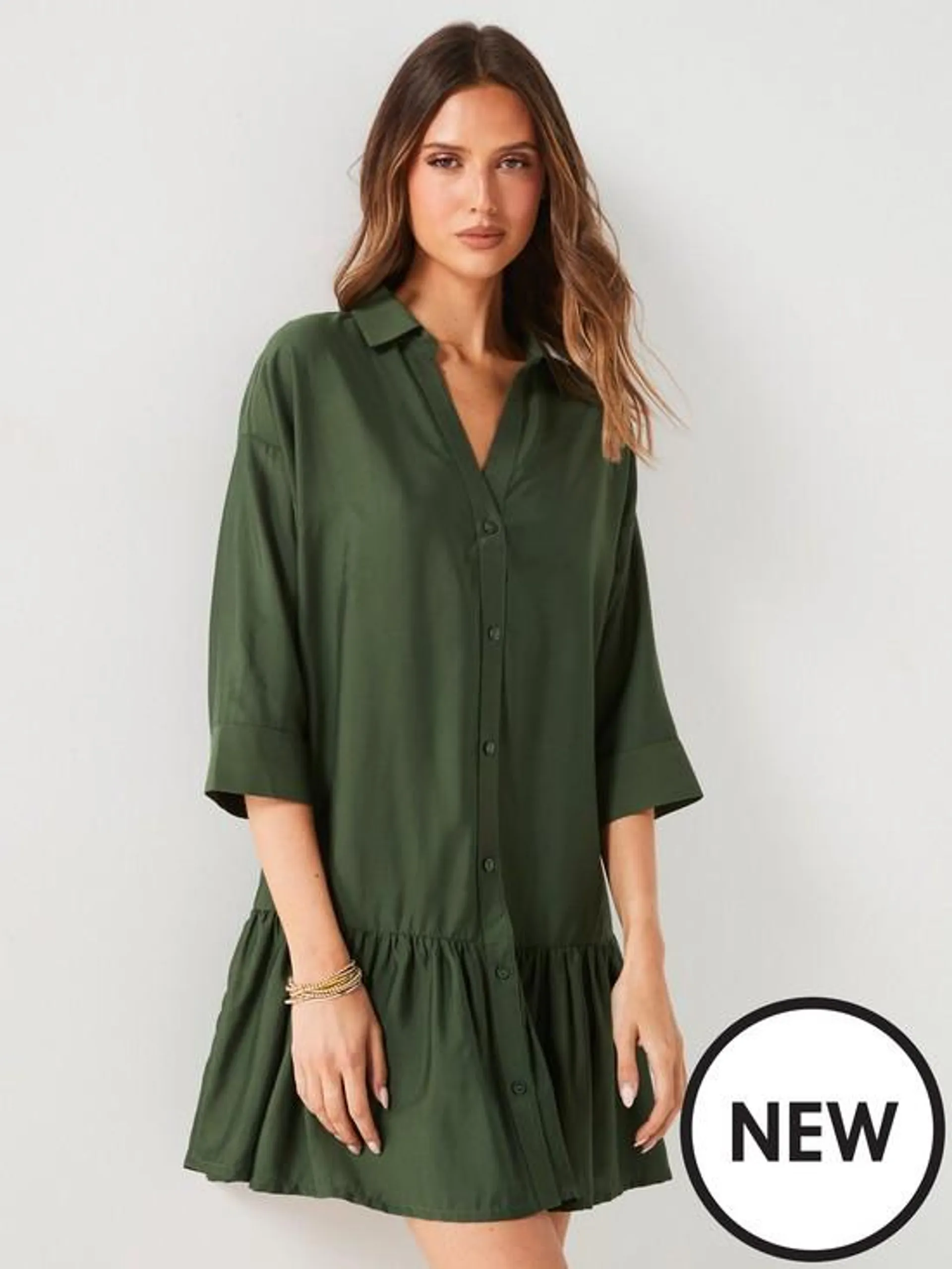 Gathered Hem Mini Shirt Dress - Khaki