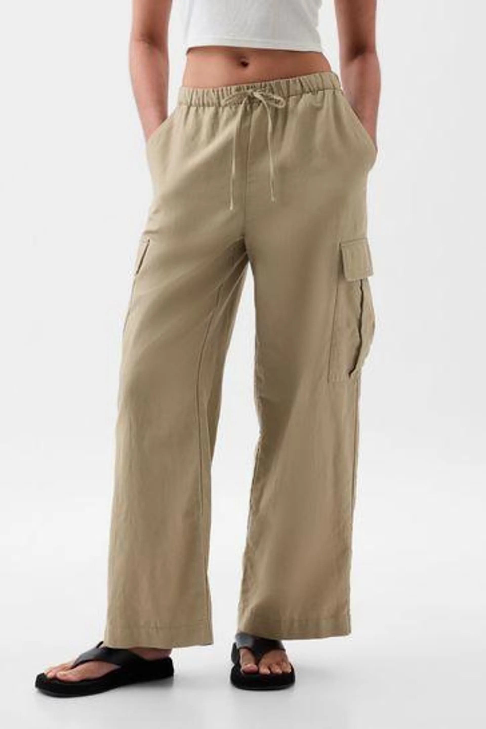 Linen Cotton Blend Mid Rise Cargo Trousers