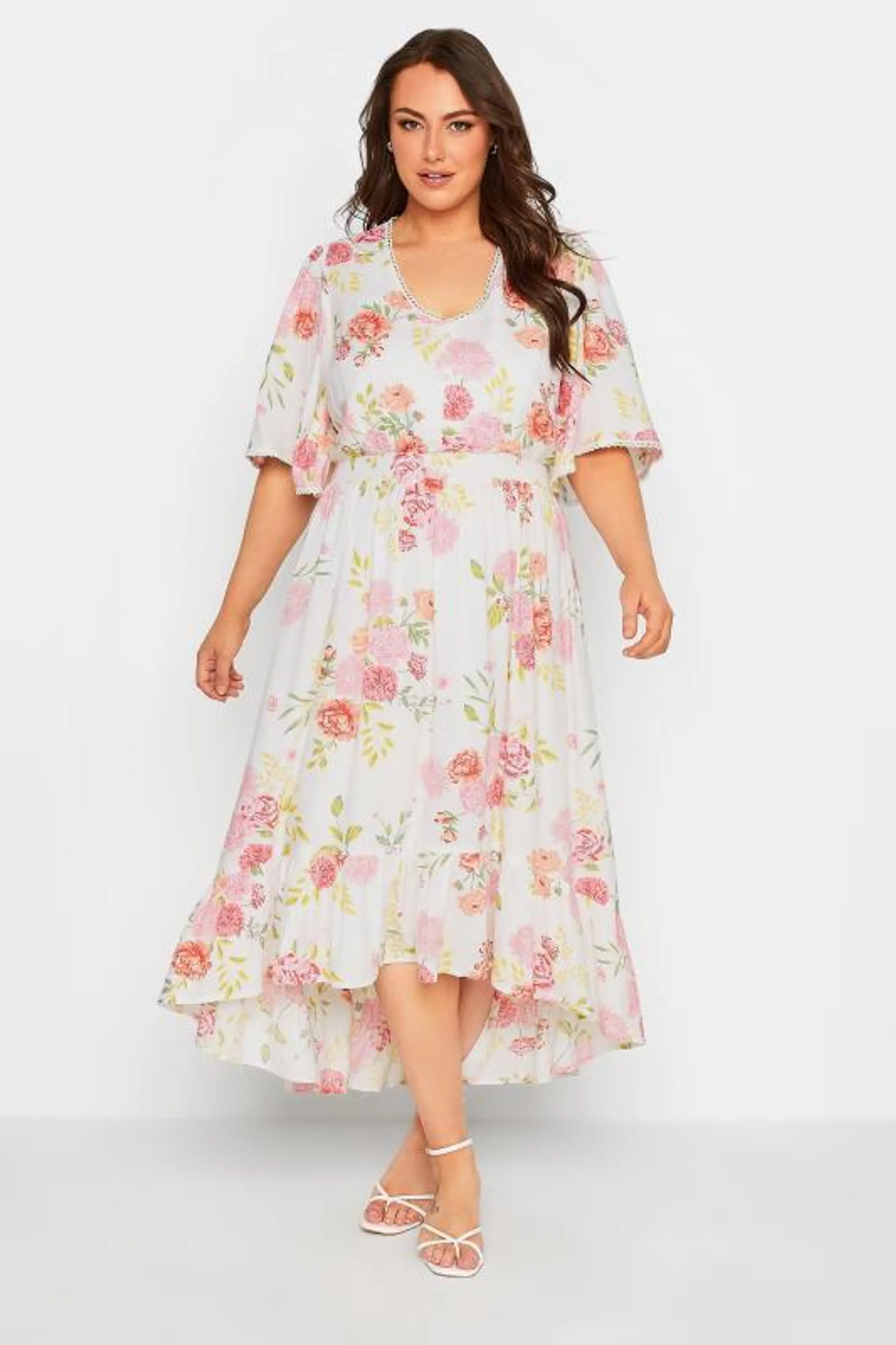 YOURS Curve White Floral Print Dipped Hem Midi Dress