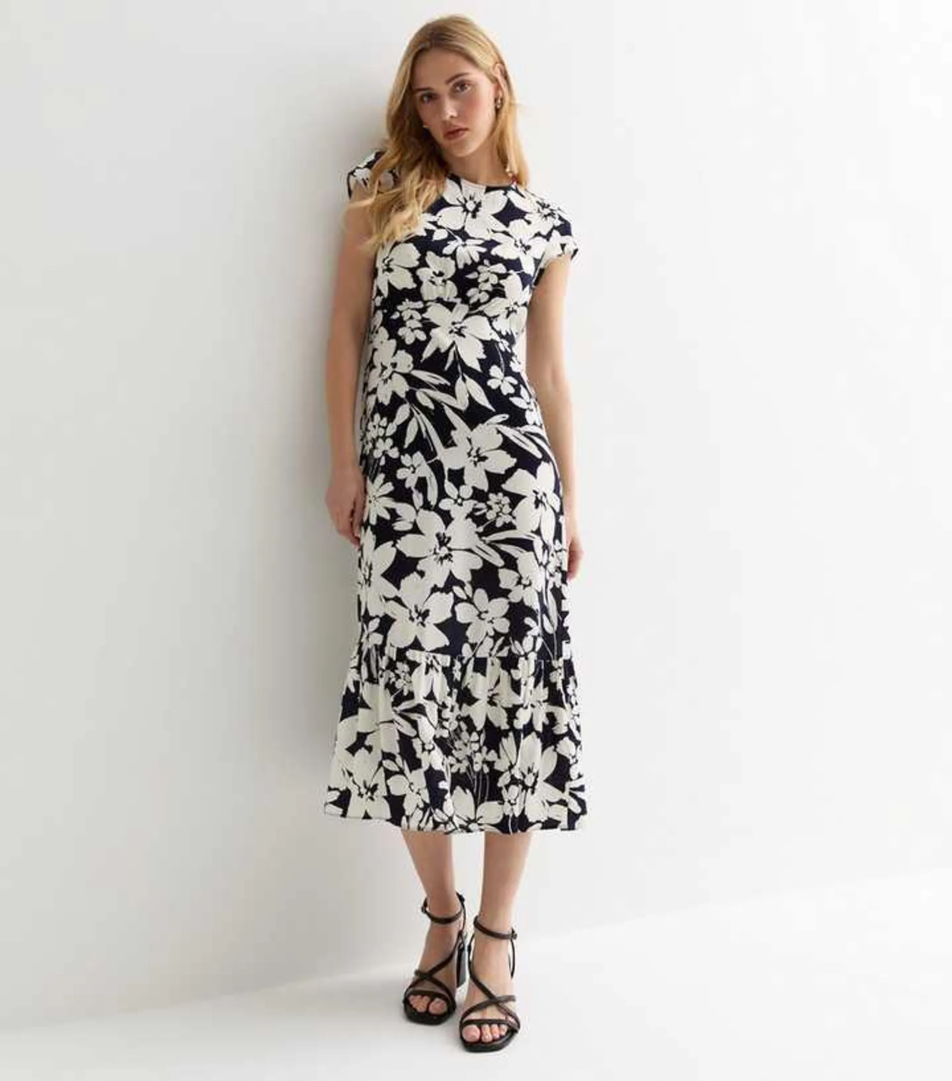 Navy Floral Print Tiered Hem Midi Dress