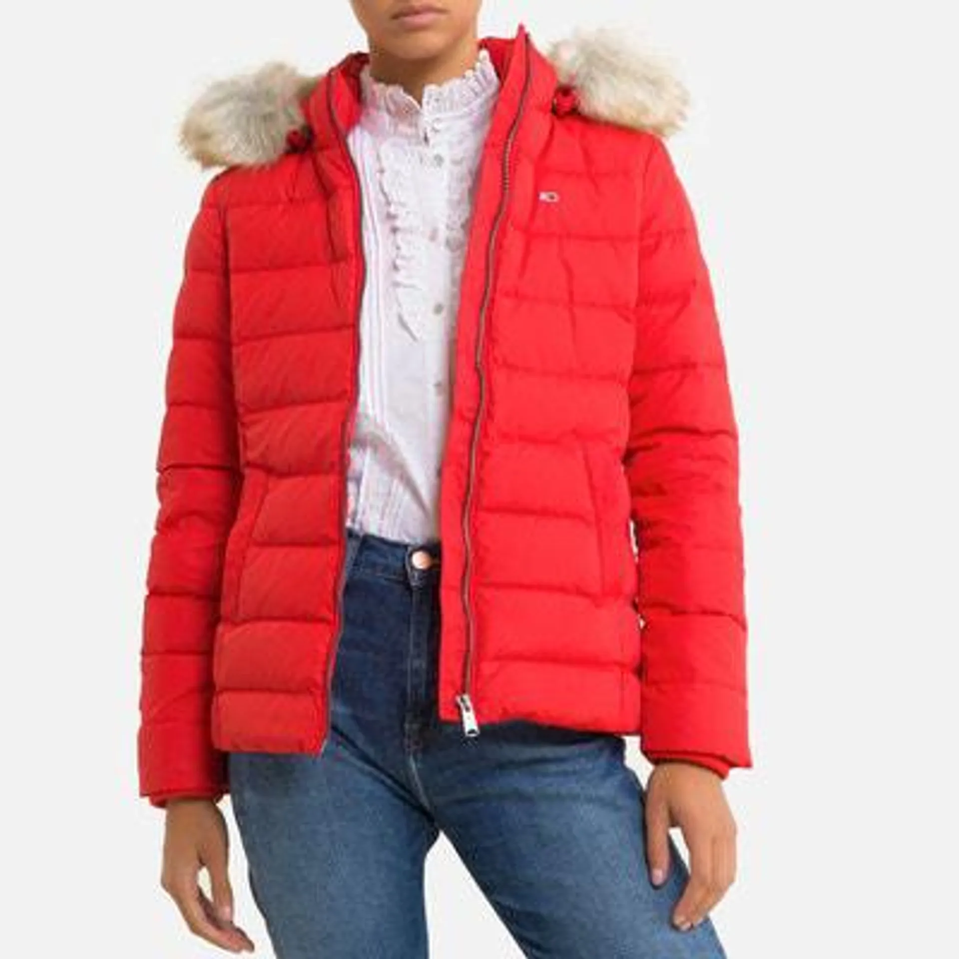 Short Hooded Puffer Jacket with Zip Fastening