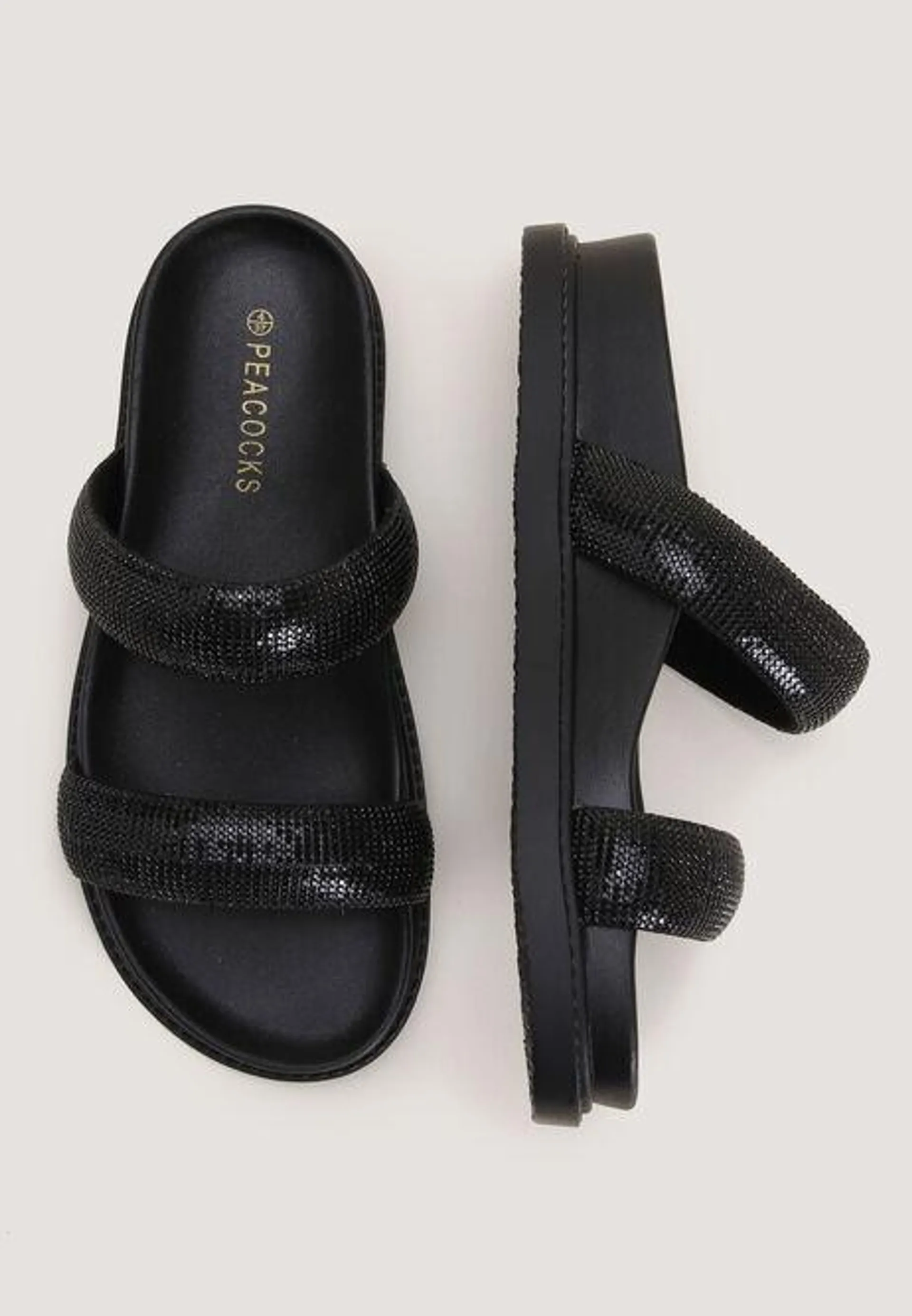 Womens Black Chunky Double Strap Diamonte Footbed Sandals