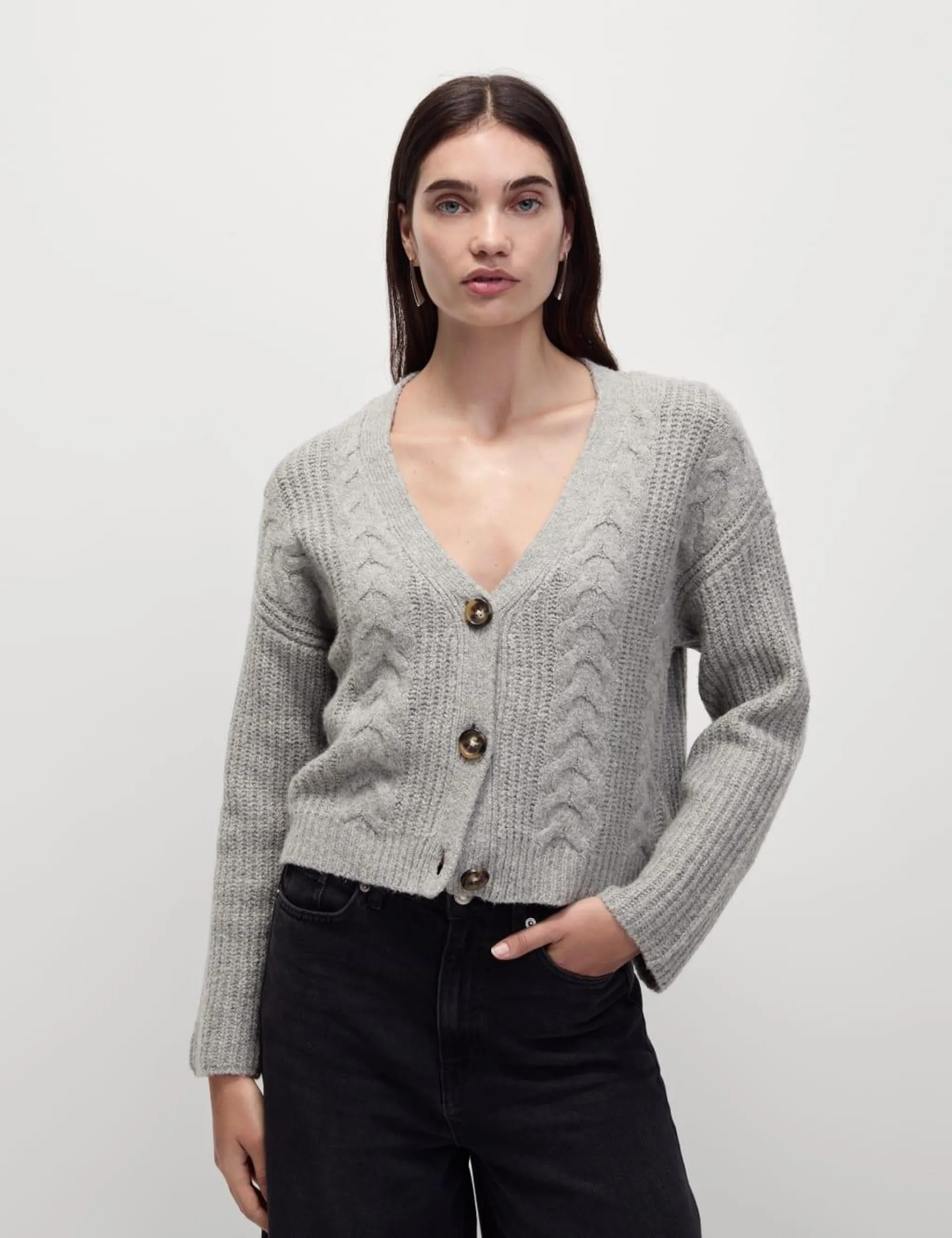 Textured V-Neck Relaxed Cardigan with Wool