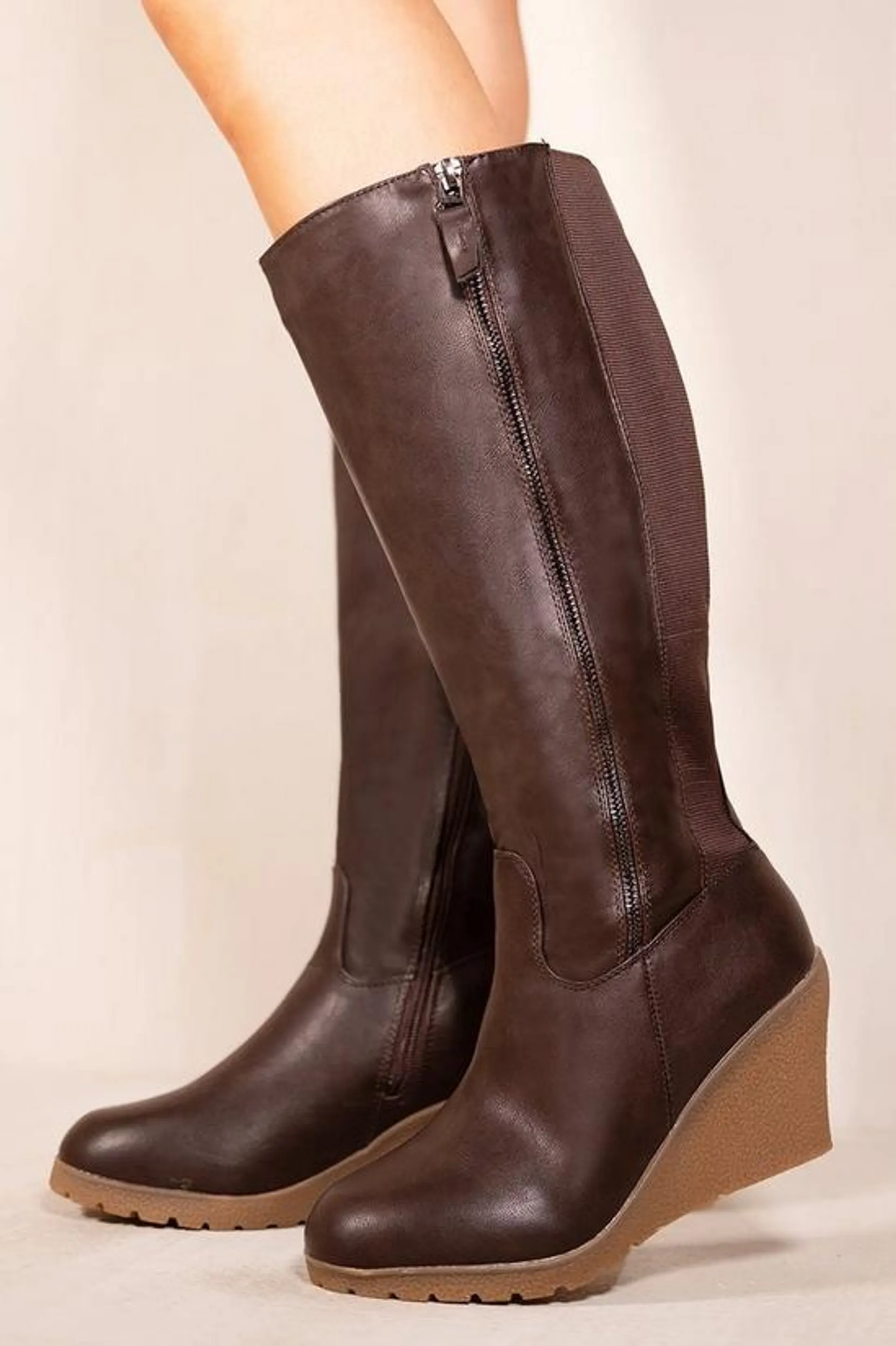 'Lara' Wedge Heel Mid Calf High Boots With Side Zip