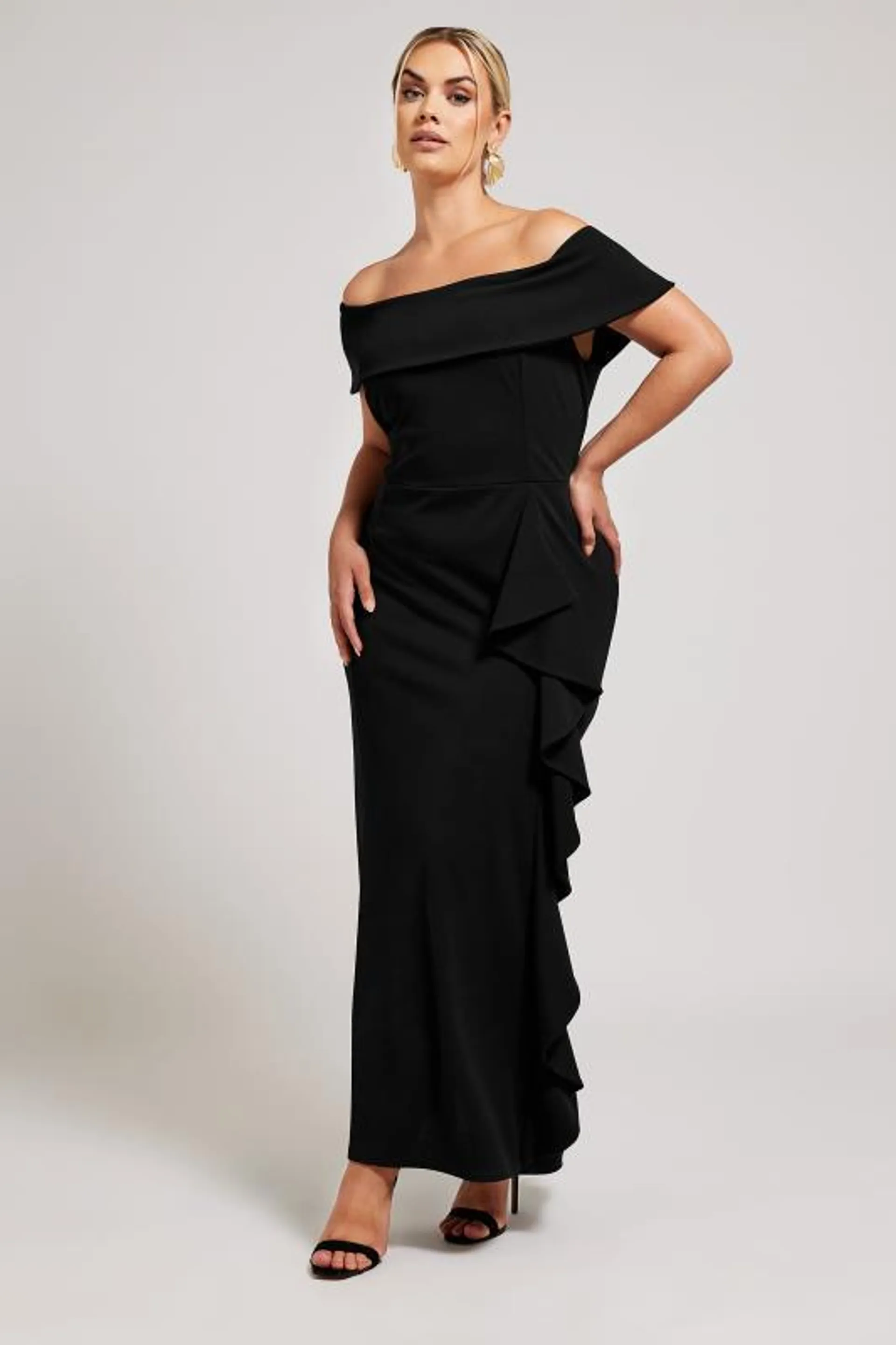 YOURS LONDON Curve Black Ruffle Bardot Maxi Dress