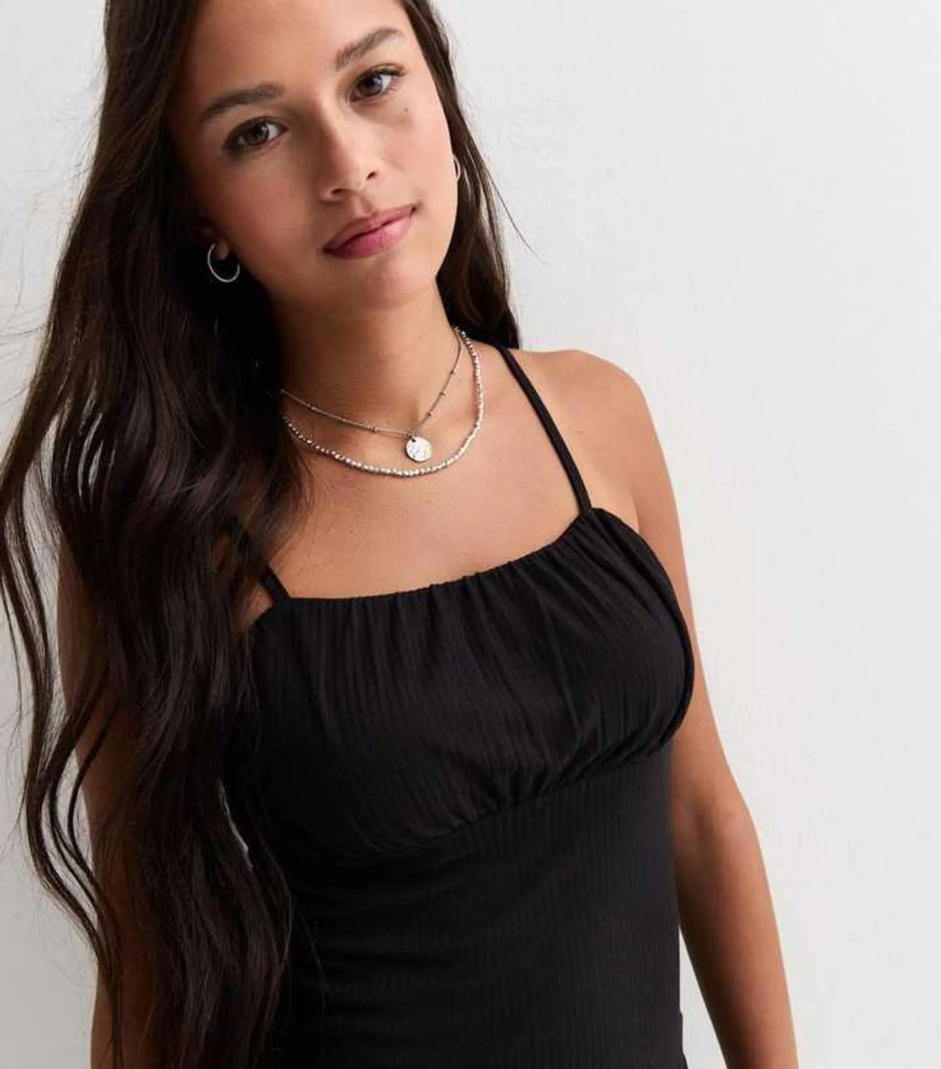 Girls Black Ruched Soft-Rib Dress