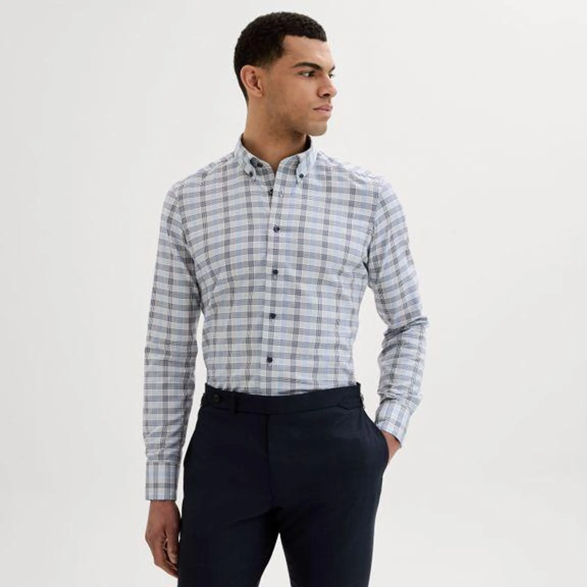Blue checkered non-iron business shirt