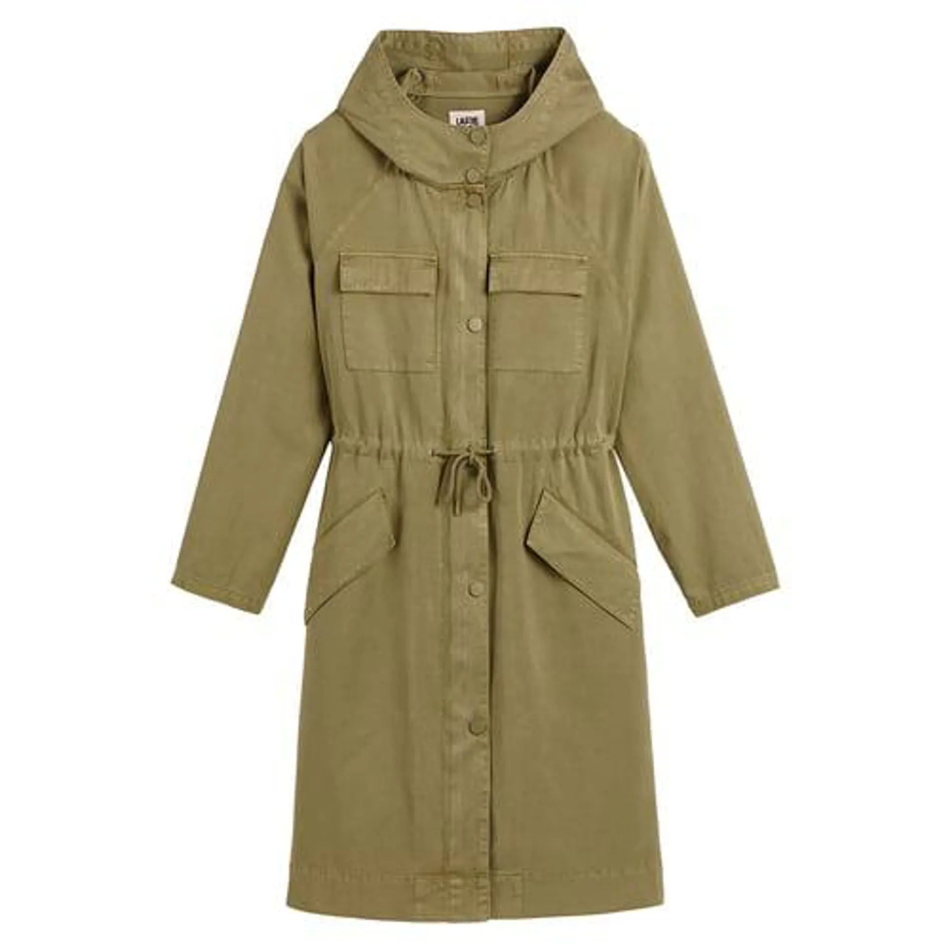 Cotton Long Hooded Parka with Press-Stud Fastening