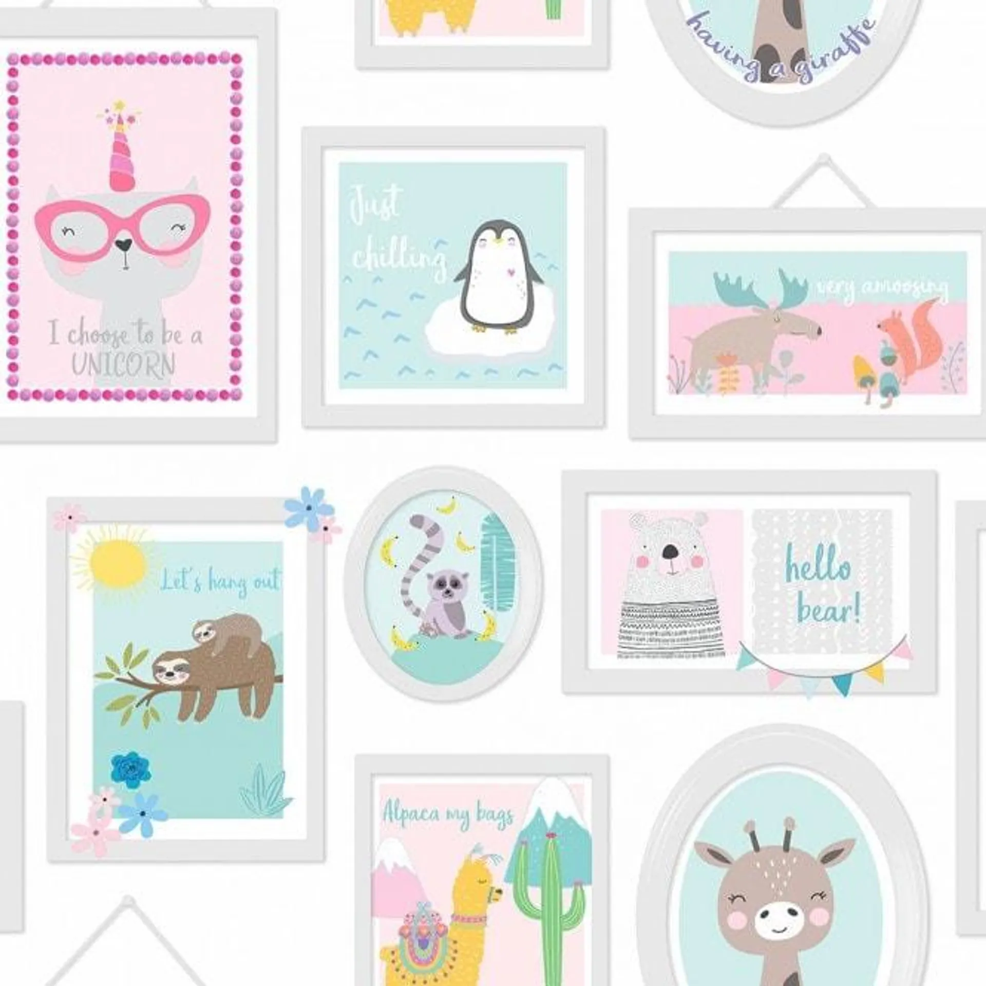 Pet Portraits Childrens Frames Wallpaper in Teal and Pink