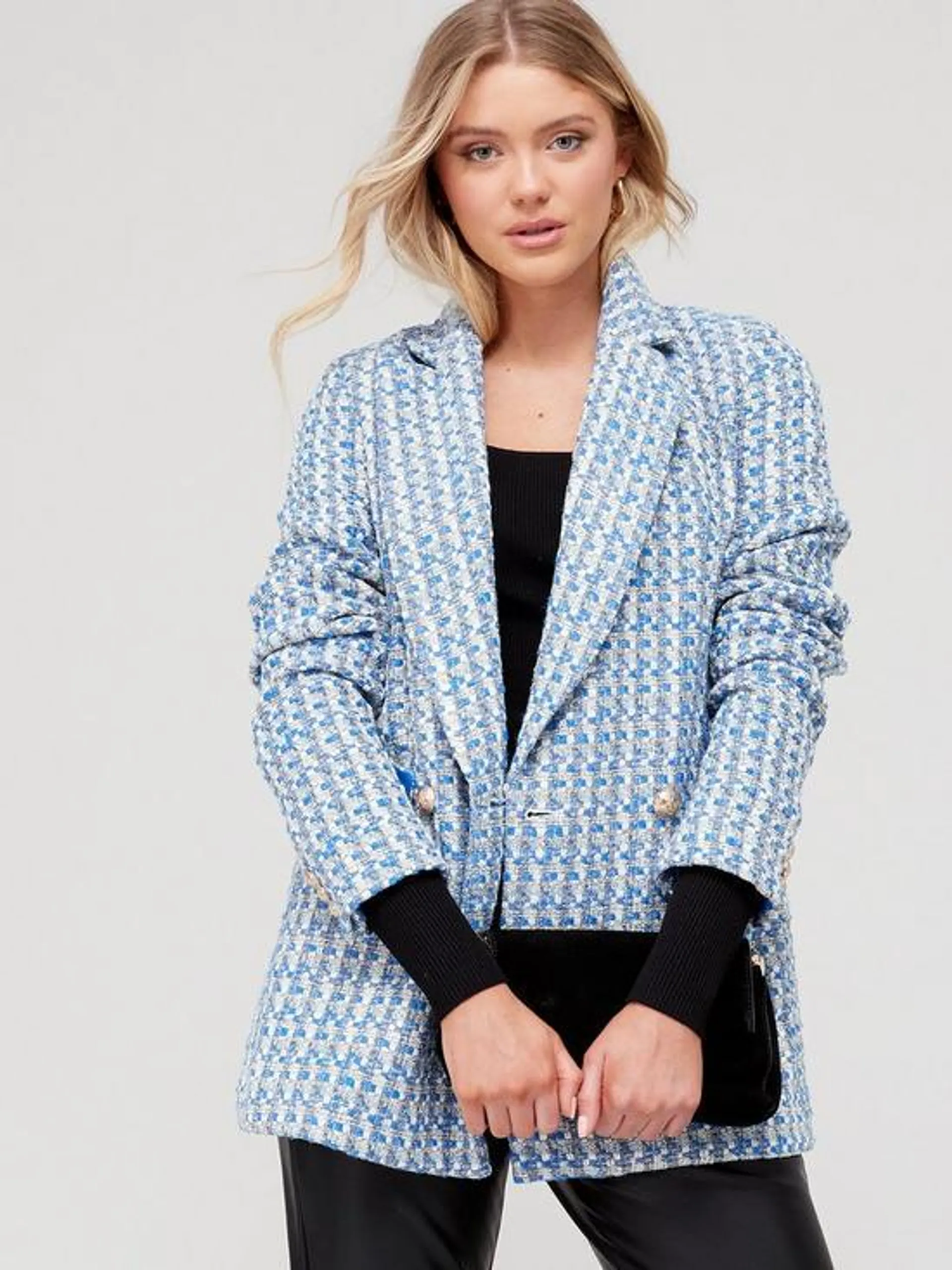 Boucle Military Double Breasted Blazer - Blue