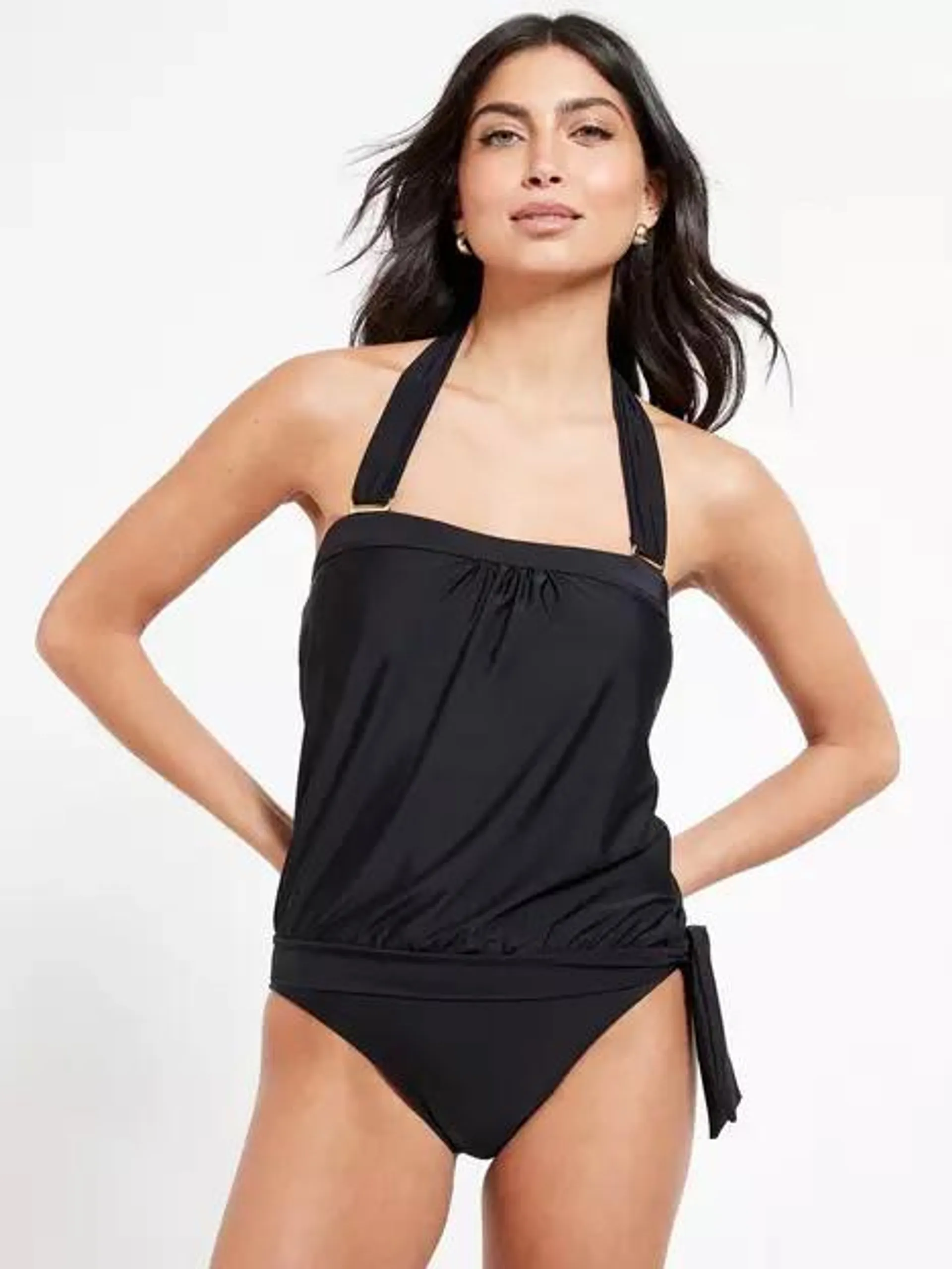 Mix & Match Removable Wide Strap Blouson Tankini Top - Black