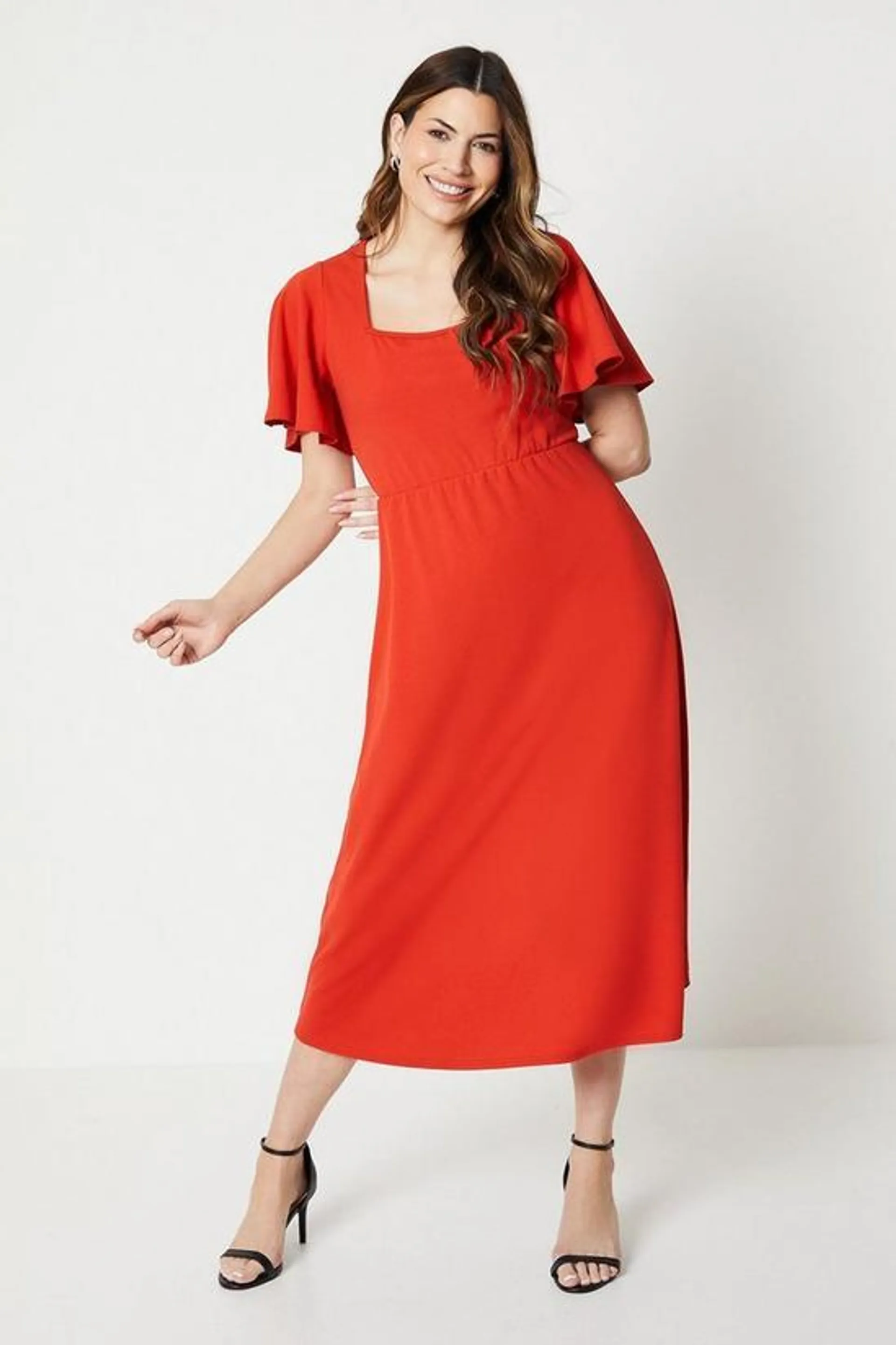 Suba Crepe Flutter Sleeve Midi Dress