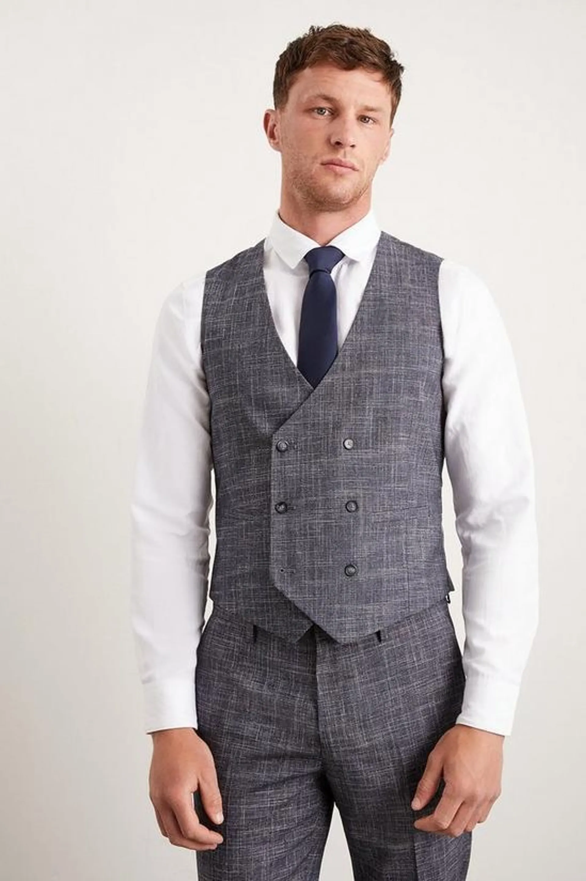 Slim Fit Navy Textured Pow Check Waistcoat