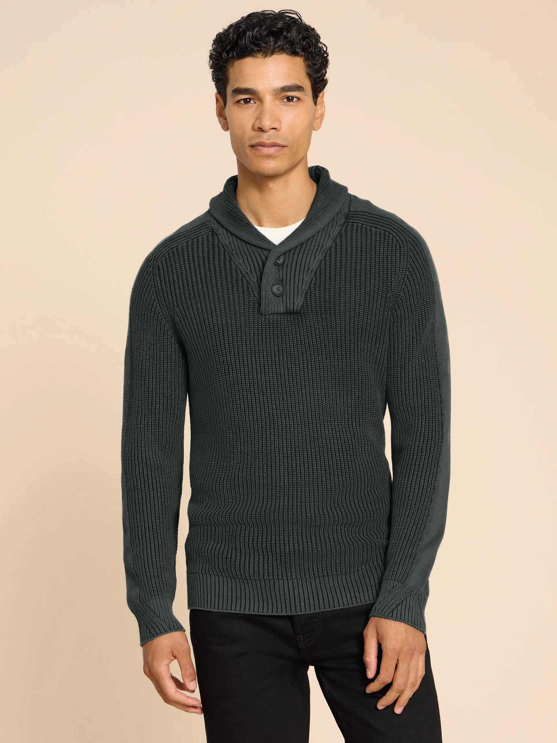 Ribbed Shawl Neck Jumper in CHARCOAL GREY