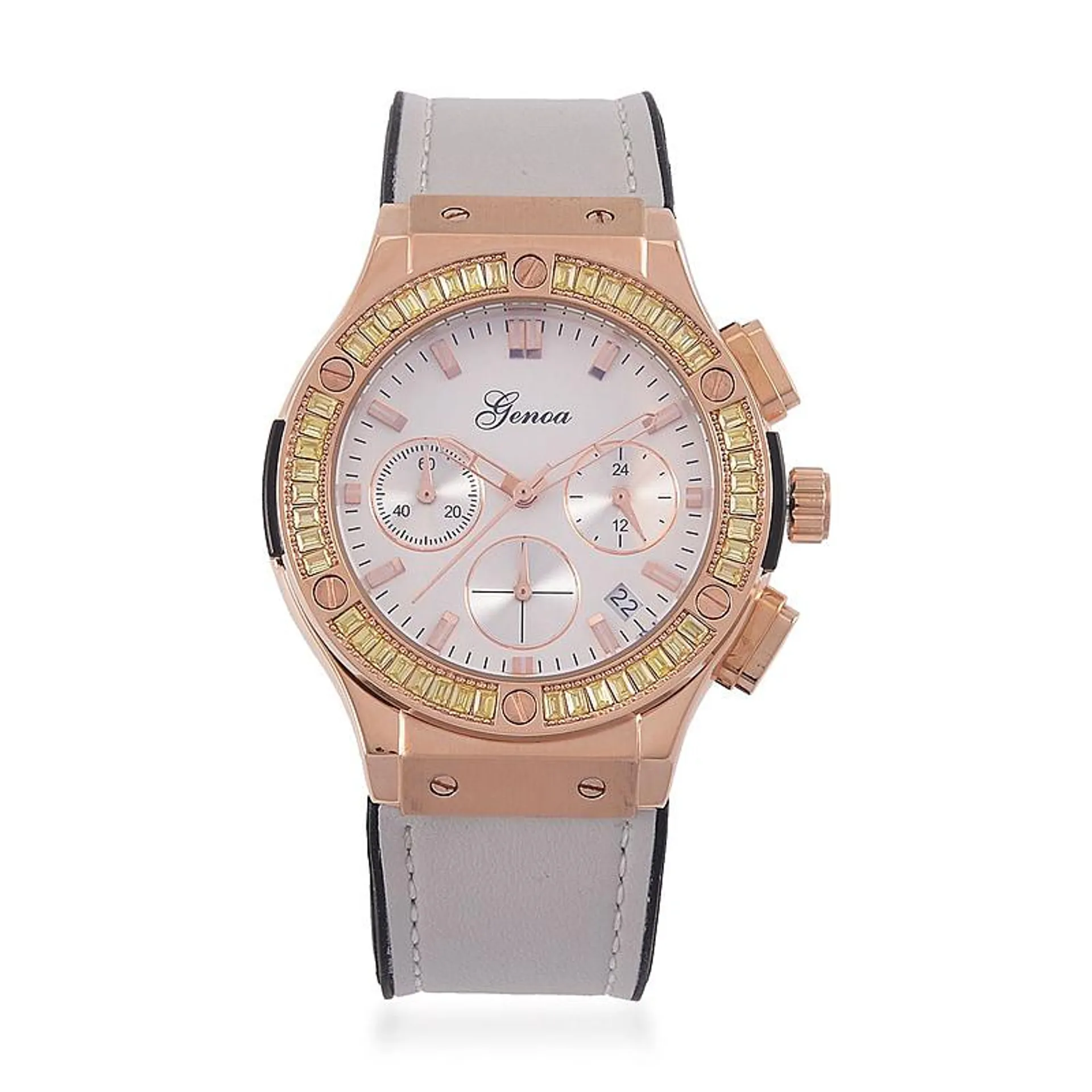 GENOA Time V2 Multifunction Movement Embellished with Champagne CZ Water Resistant Watch in Rose Gold Tone with Grey Silicon Strap