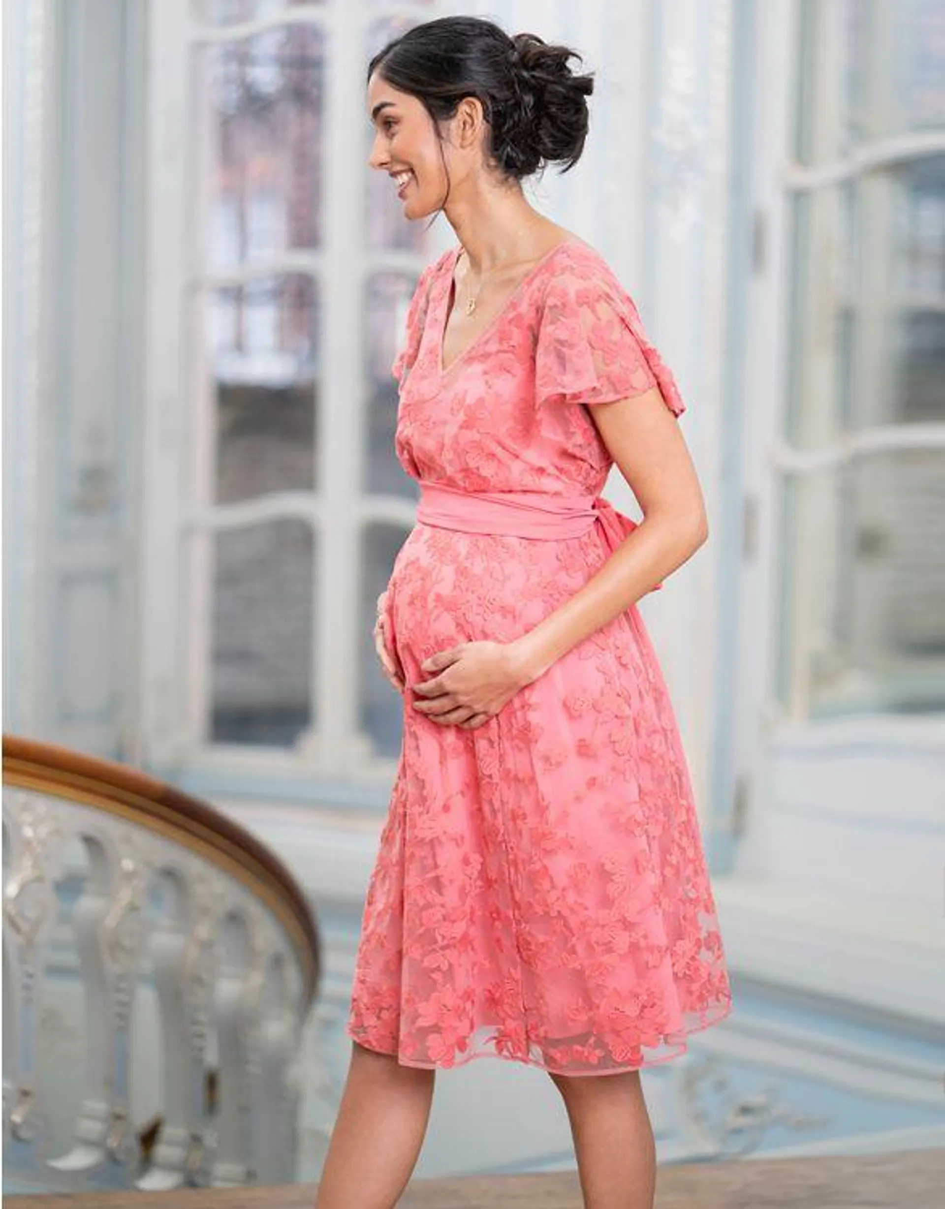 Coral Pink Floral Lace Maternity to Nursing Occasion Dress