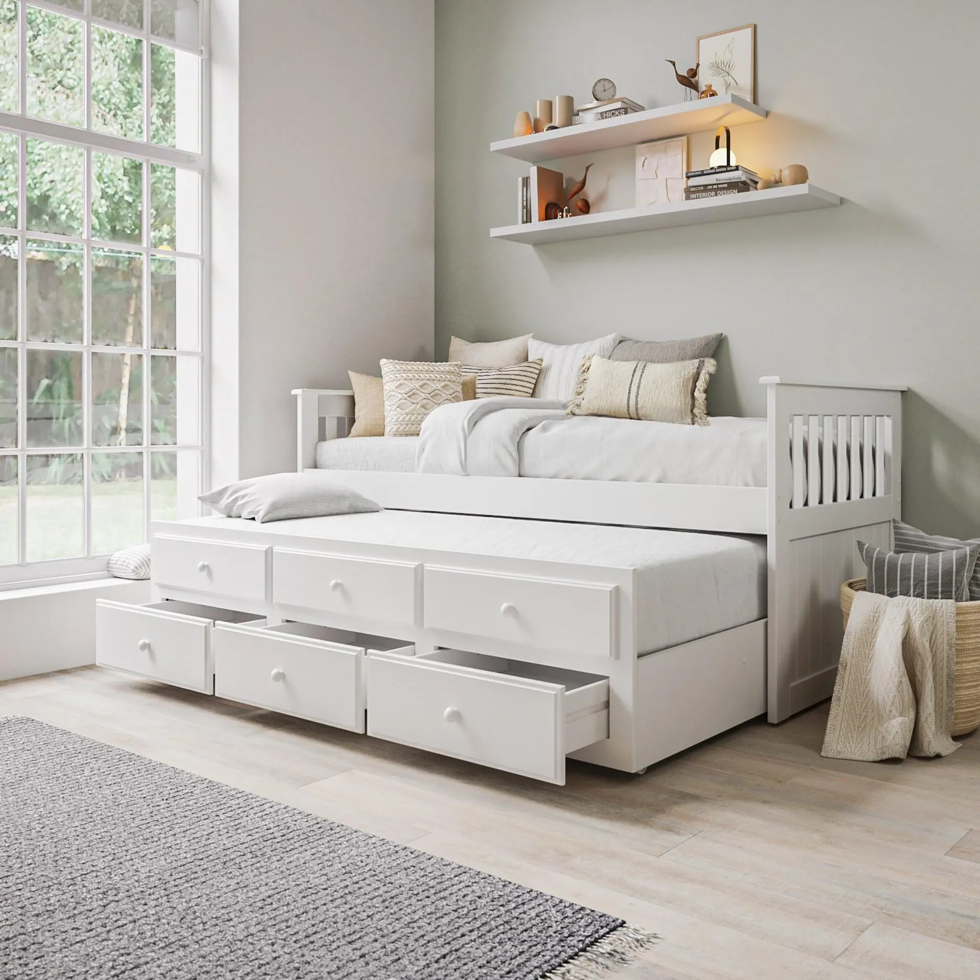 Single White Wooden Guest Bed with Storage and Trundle - Oxford