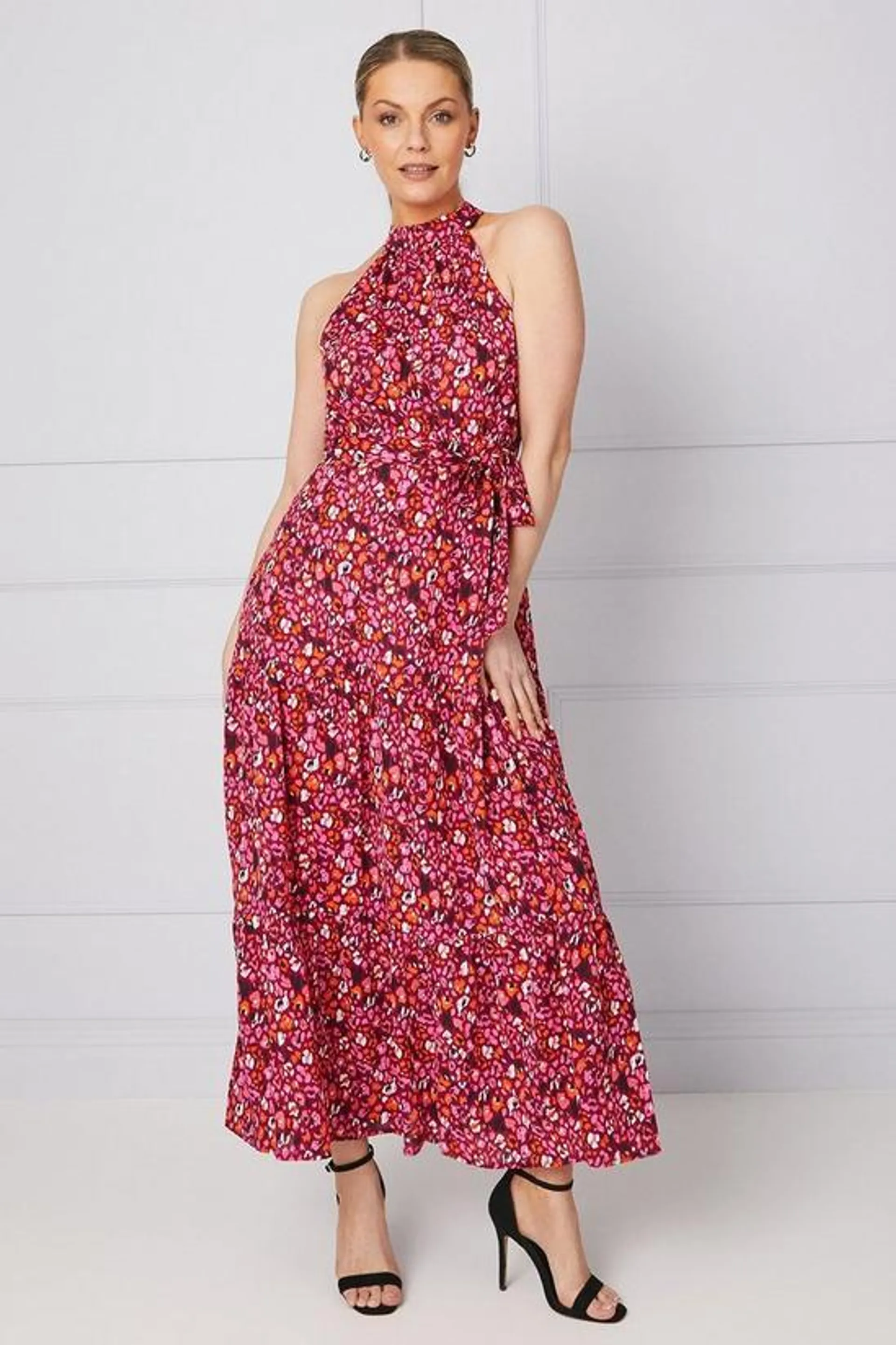 Floral Halterneck Tiered Midaxi Dress