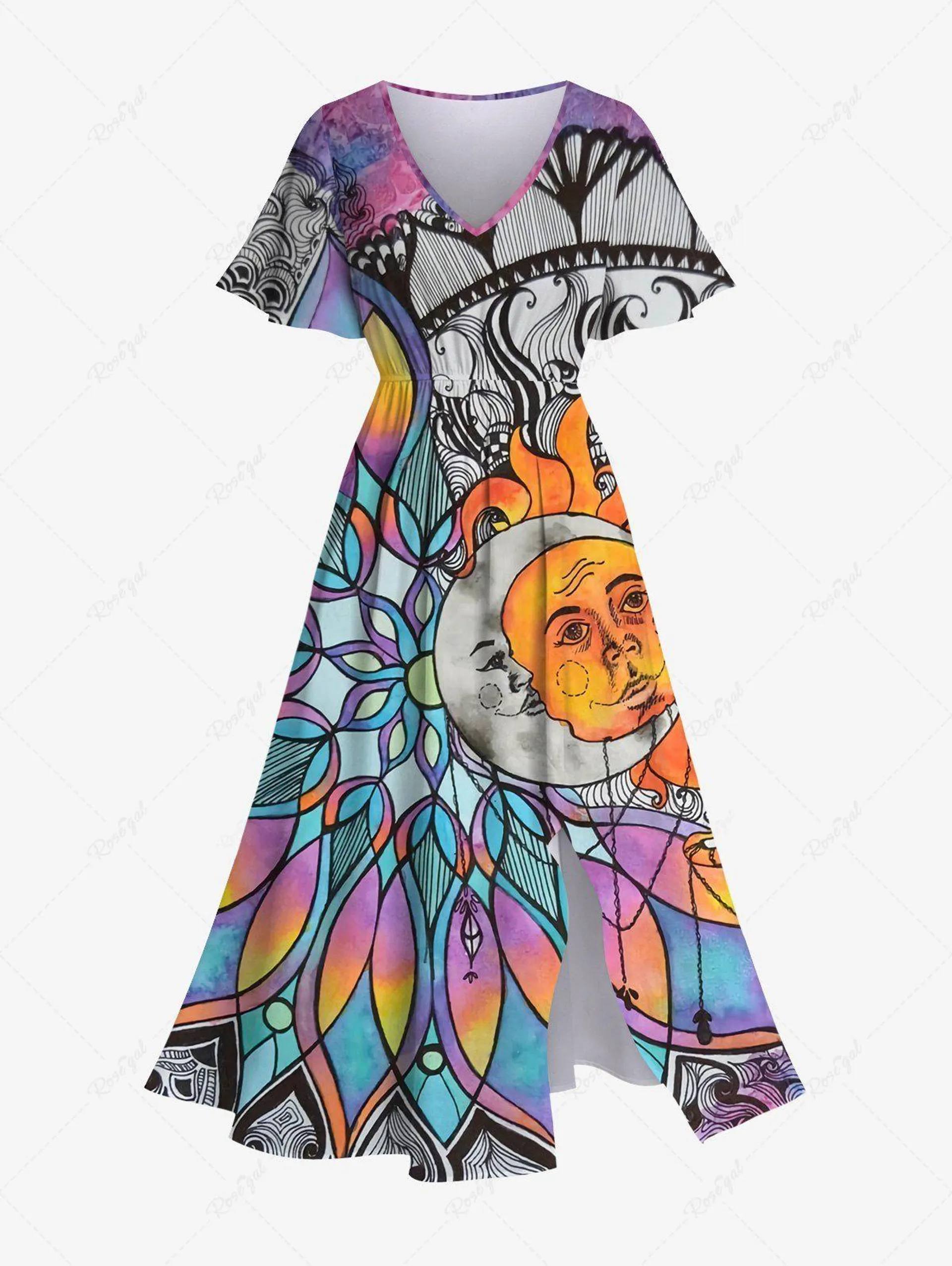 Plus Size Colorful Ombre Dreamcatcher Sun Moon Colorblock Print Split Pocket A Line Dress - 5x