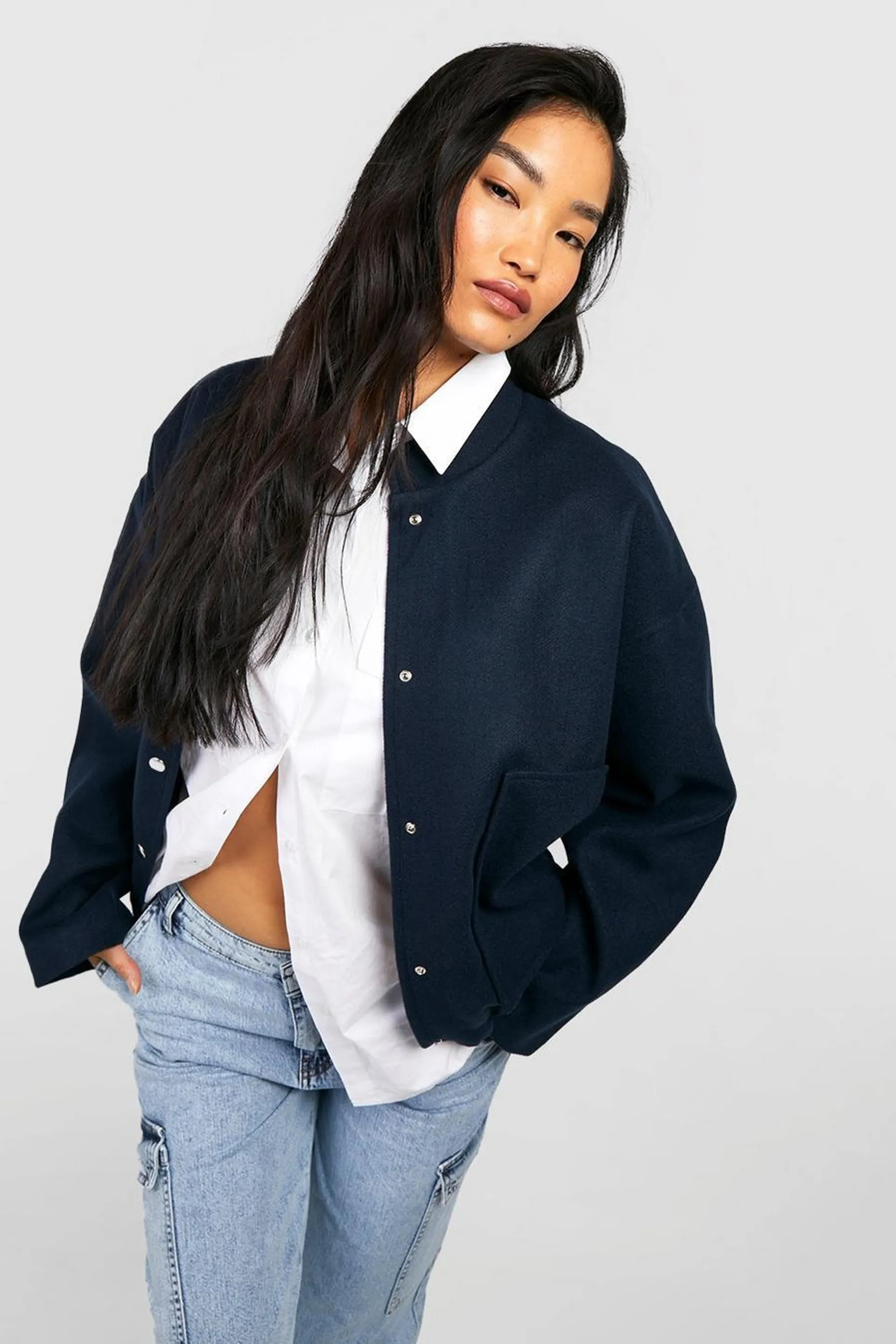 Wool Look Oversized Bomber Jacket