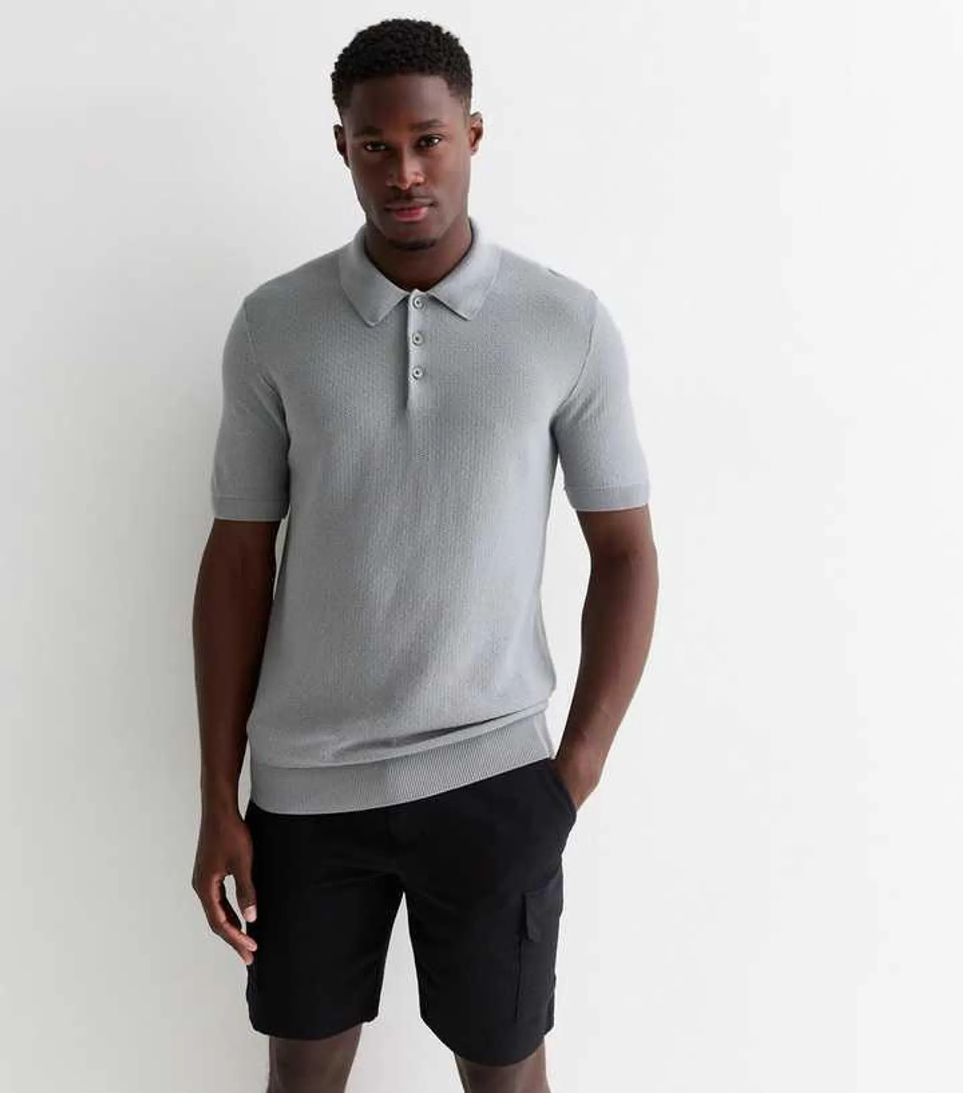 Jack & Jones Grey Cotton Knitted Short Sleeve Polo Shirt