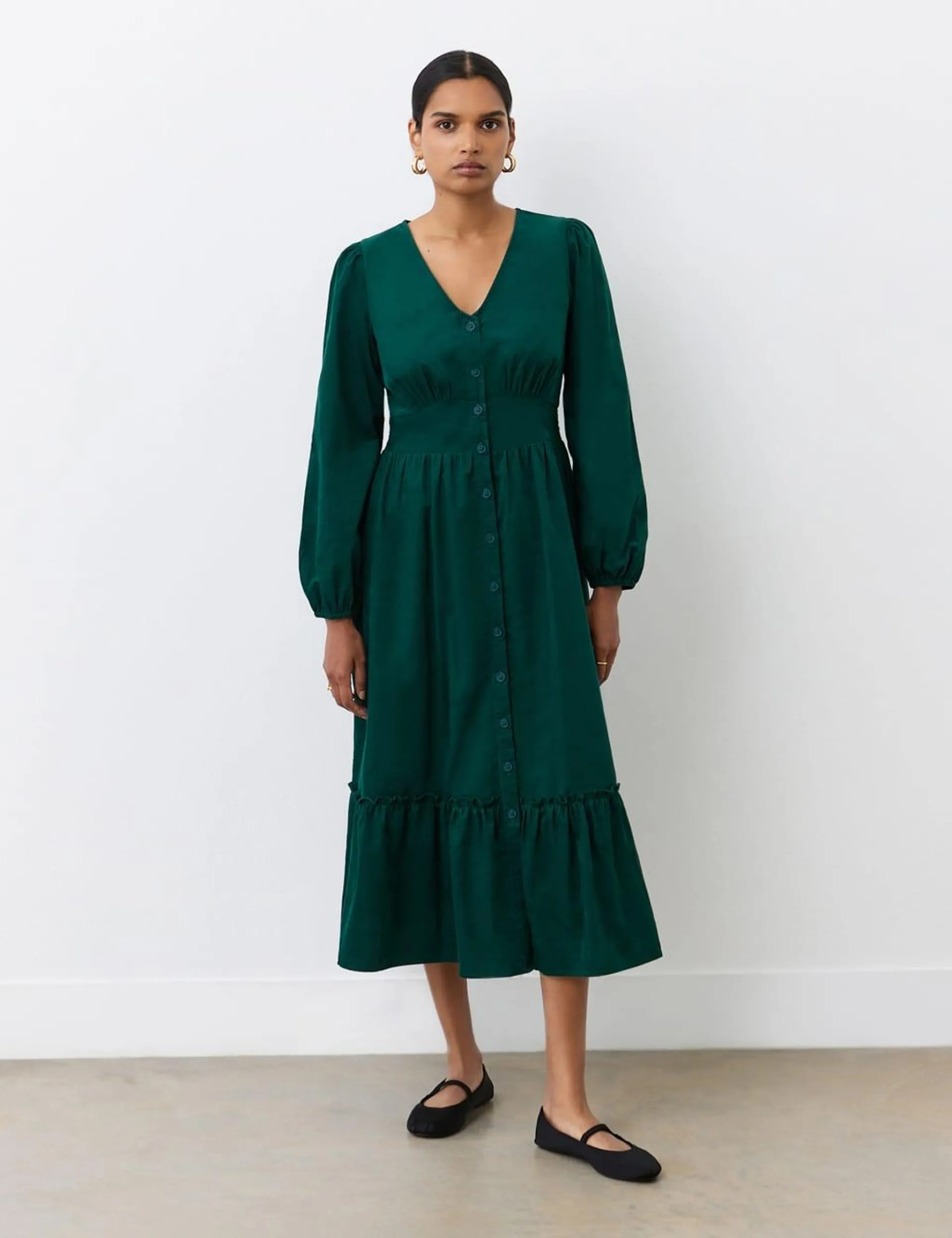 Pure Cotton Cord V-Neck Midi Dress