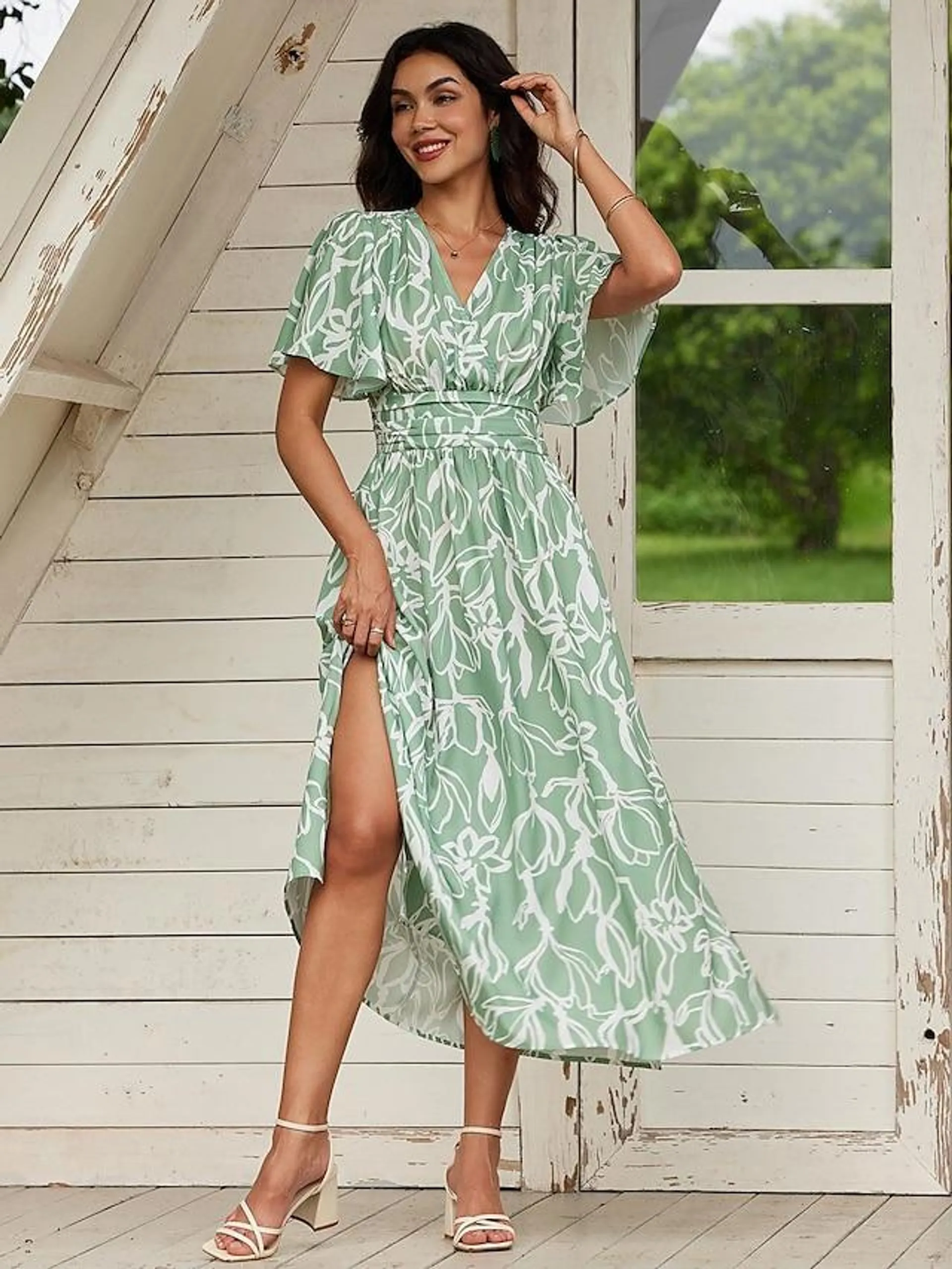 Women's Floral V Neck Flutter Sleeve Midi Dress Short Sleeve Summer Spring