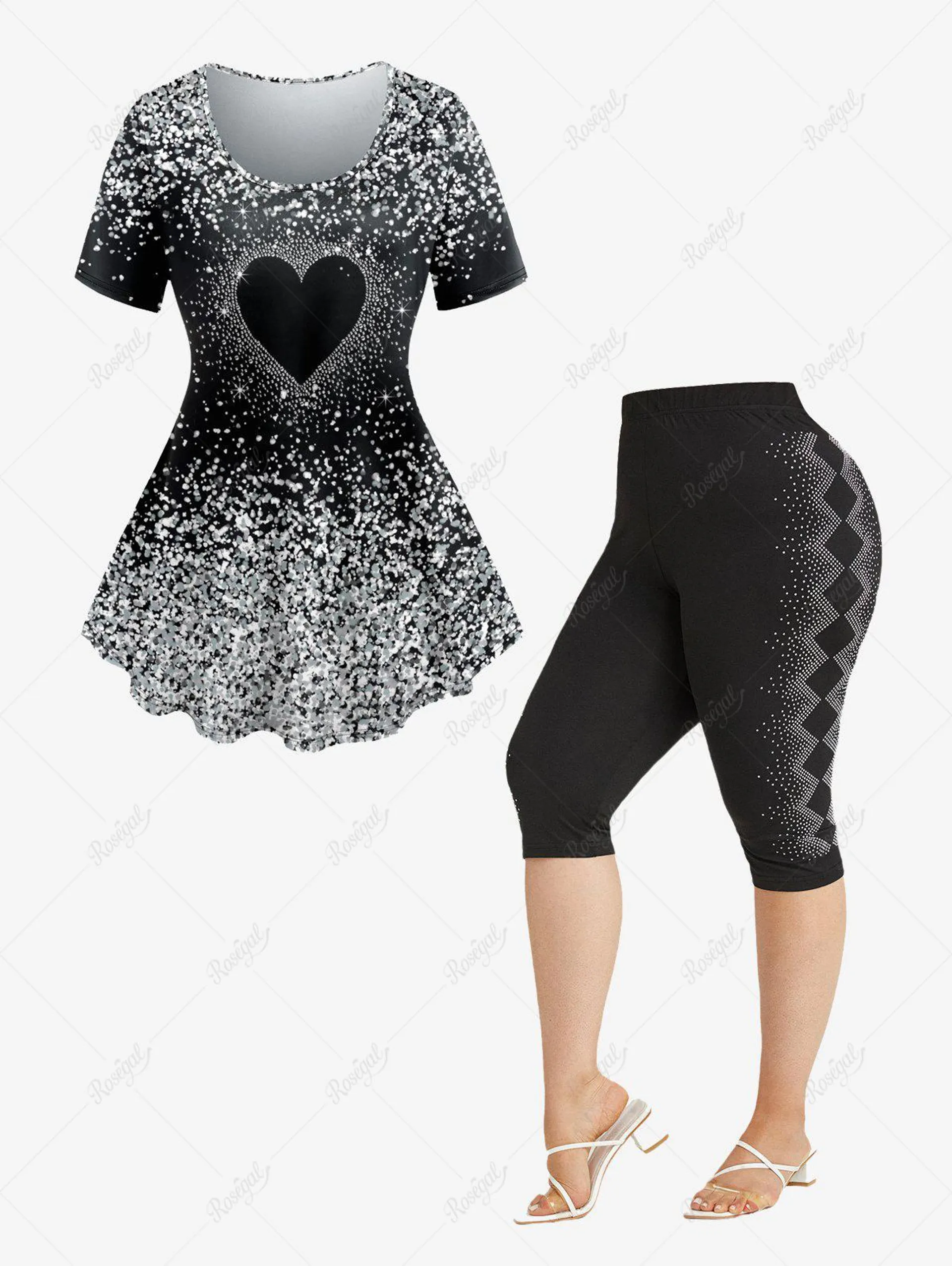 Glitter Heart Printed Tee and Rhinestone Print Knee Length Leggings Plus Size Outfits
