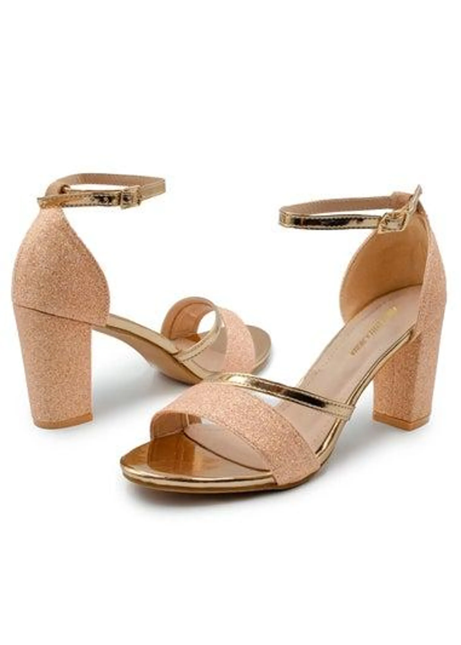 Where's That From RoseGold Glitter Perla Mid Block Heel Sandals