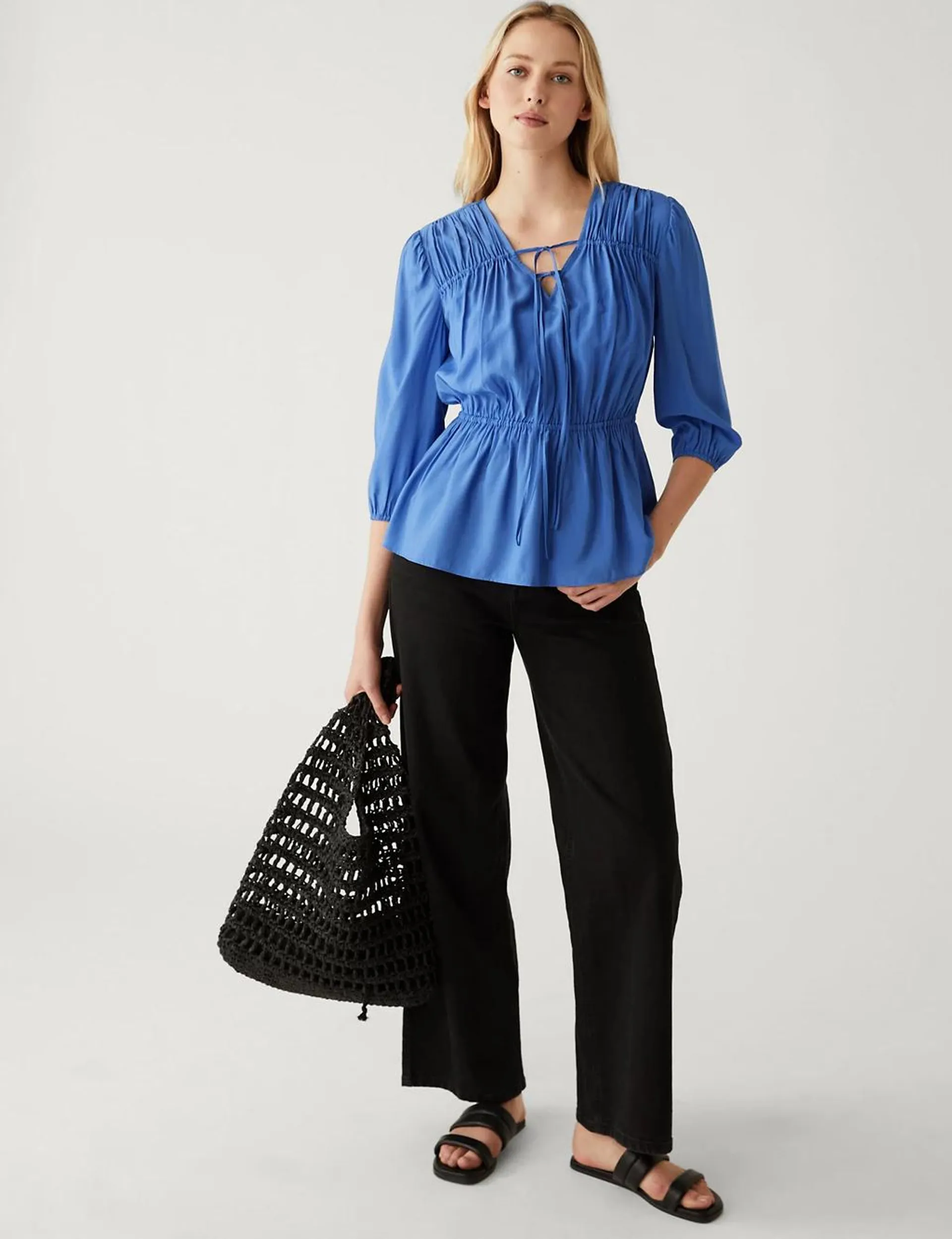 Pleated Tie Neck Waisted Blouse