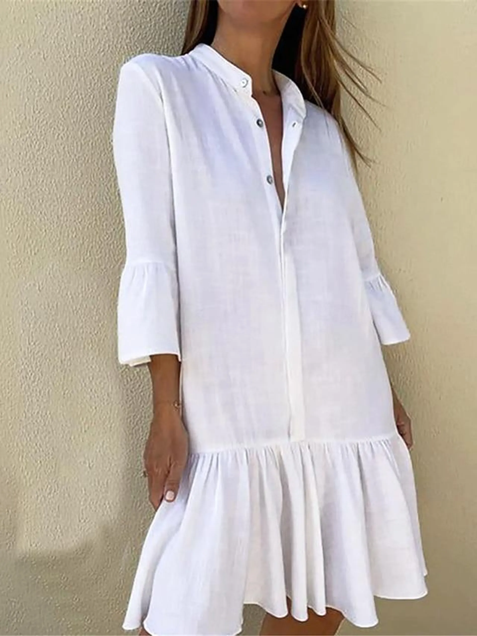 Women's White Dress Shirt Dress Casual Dress Midi Dress Ruffle Button Basic Daily Stand Collar 3/4 Length Sleeve Summer Spring Black White Plain
