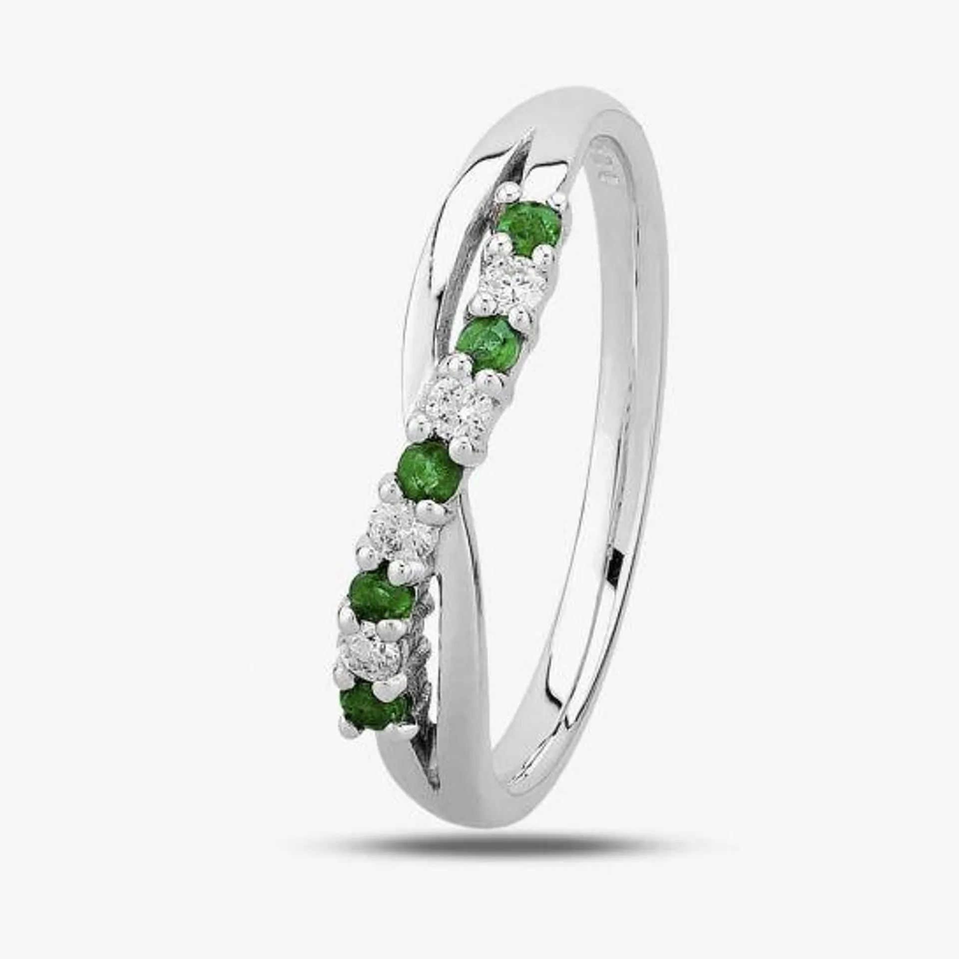 9ct White Gold Emerald and Diamond Crossover Half Eternity Ring 9052/9W/DQ1025E
