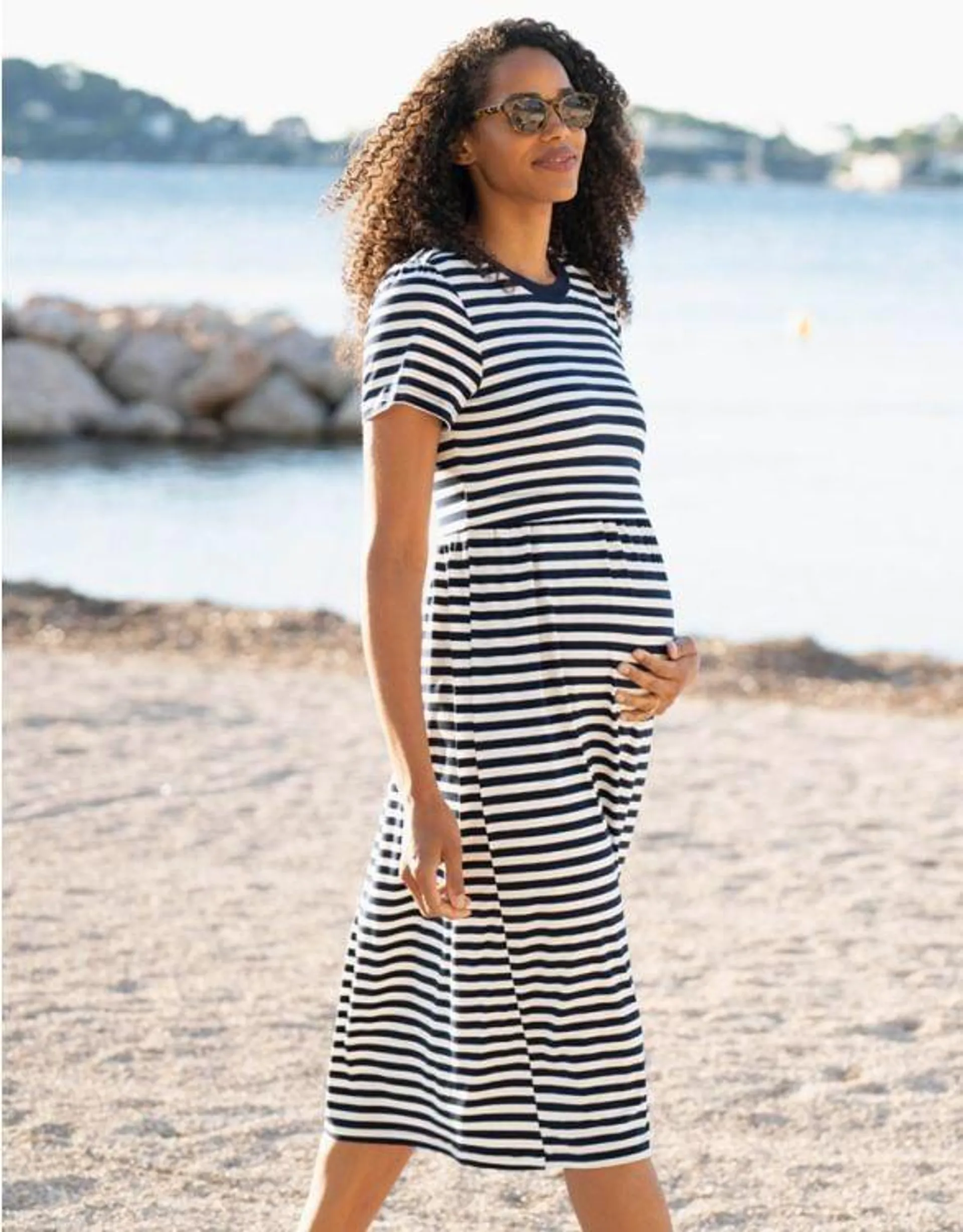 Midi Navy & White Stripe Maternity to Nursing Smock T-Shirt Dress