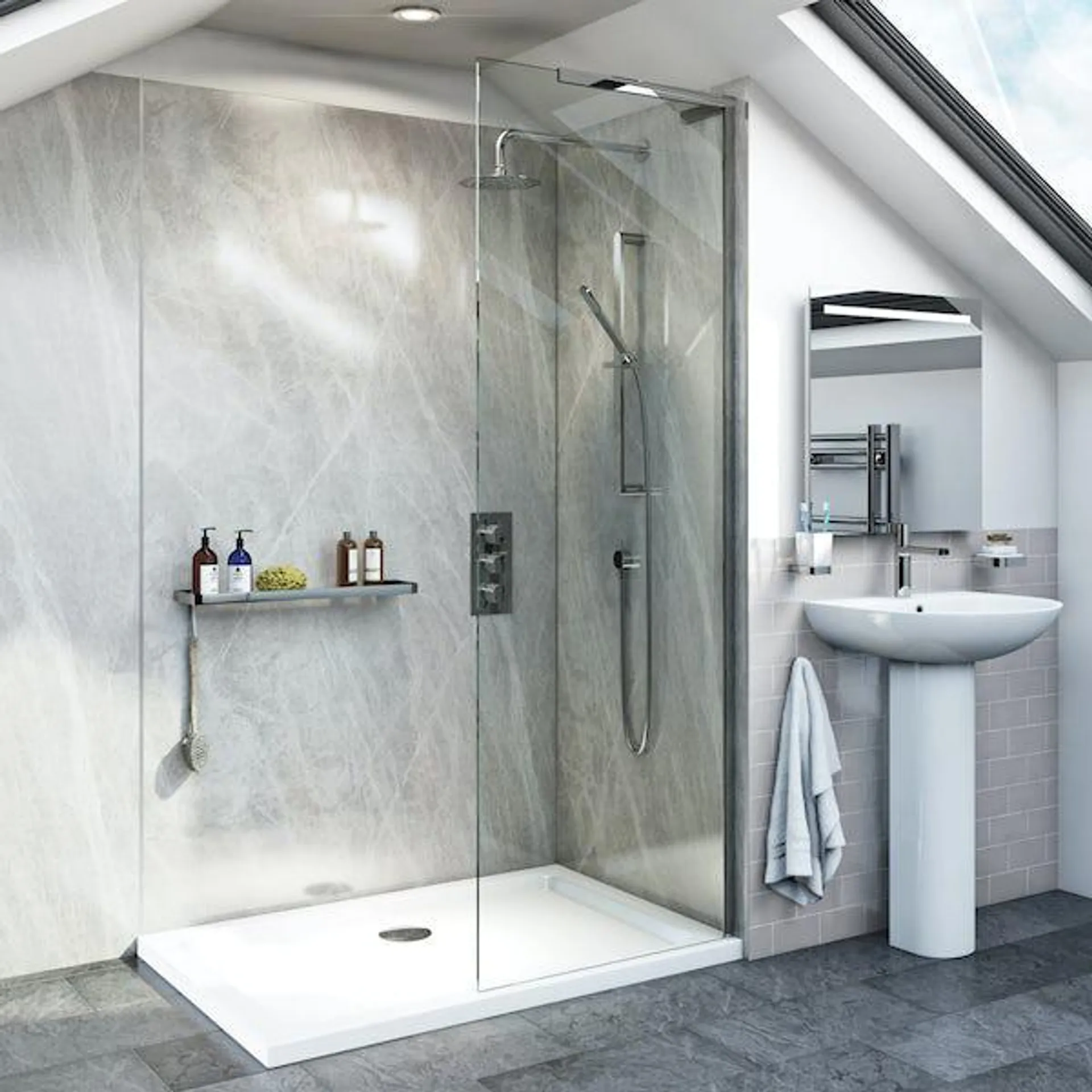 Mode 8mm walk in right handed glass panel pack with stone shower tray 1200 x 800