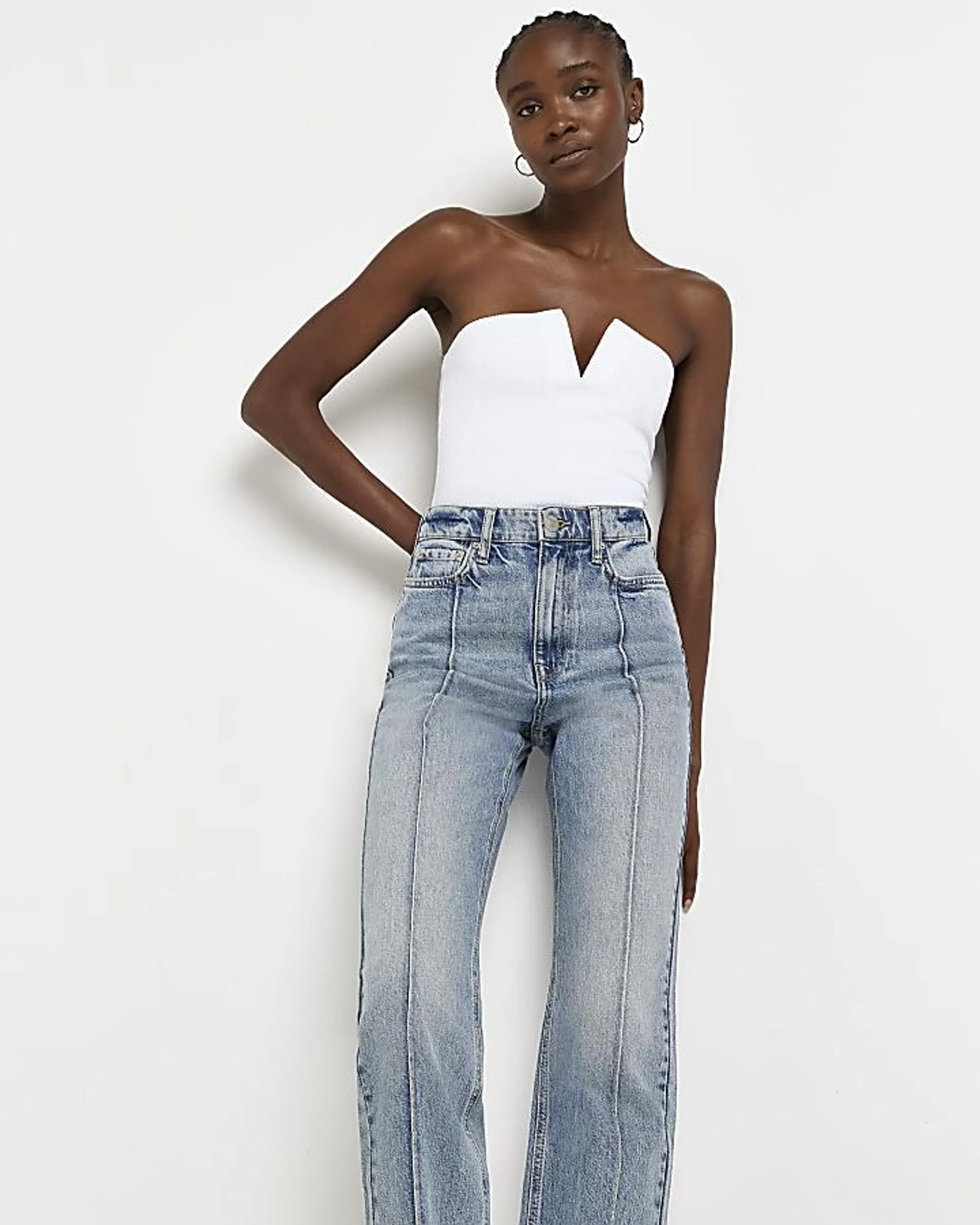 Blue high waisted straight leg jeans