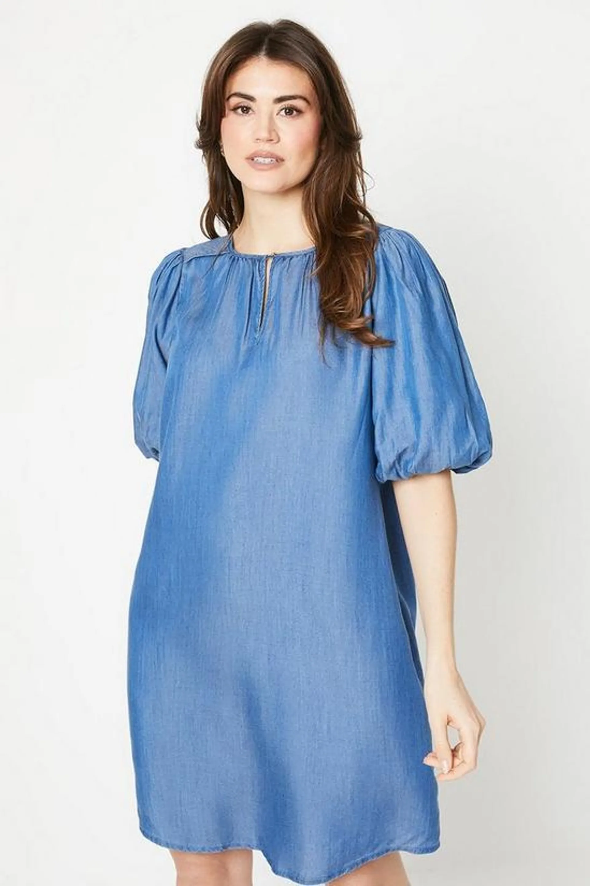 Denim Tencel Puff Sleeve Shift Dress