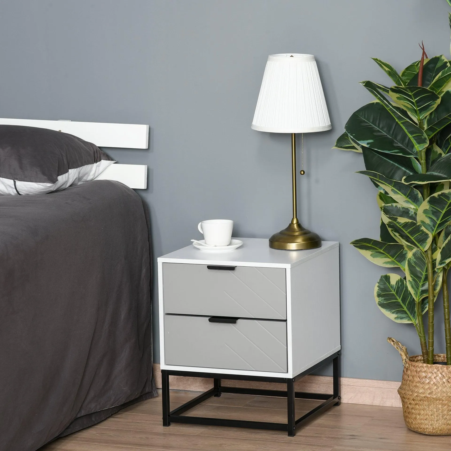 Bedside Cabinet with 2 Drawer Storage Unit, Unique Shape Bedroom Table Nightstand with Metal Base, for Living Room, Study Room, Dorm Unit and Base Home Office