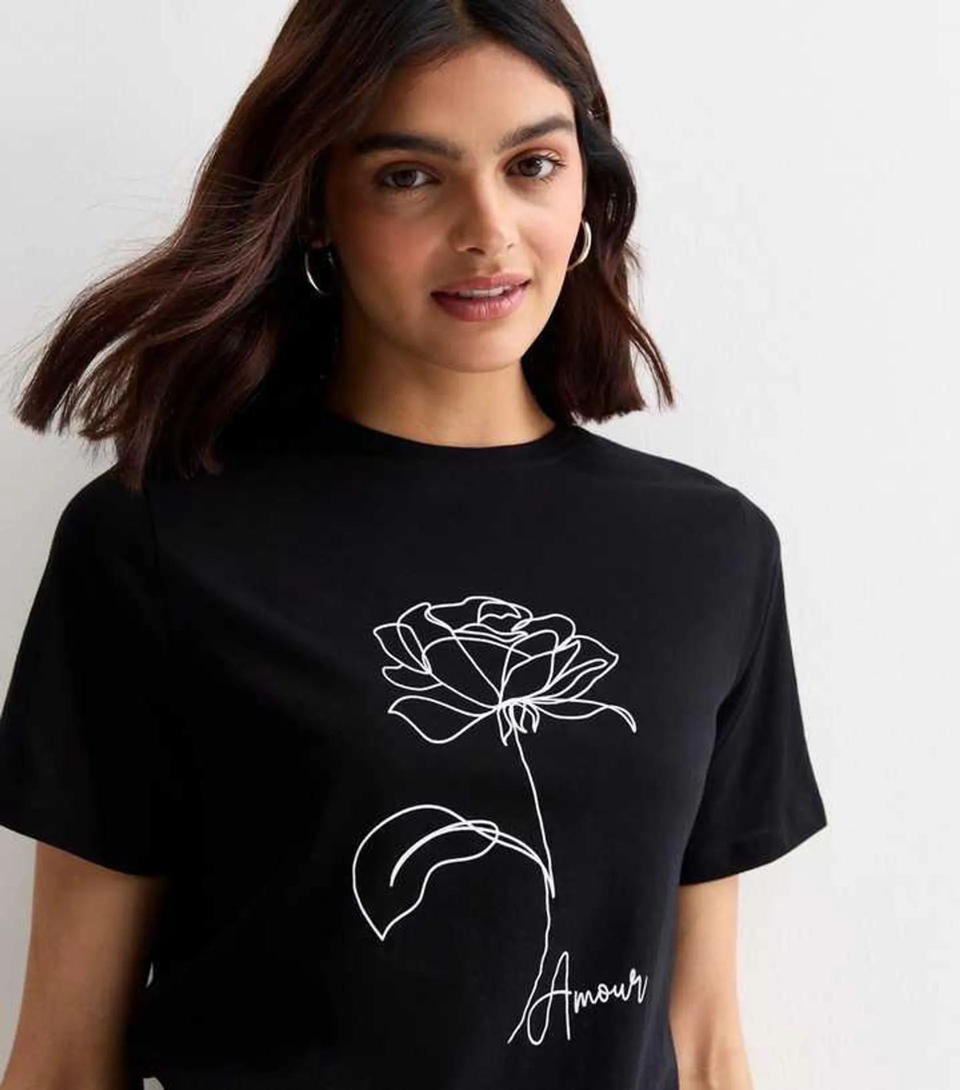 Black Amour Flower Print Cotton T-Shirt