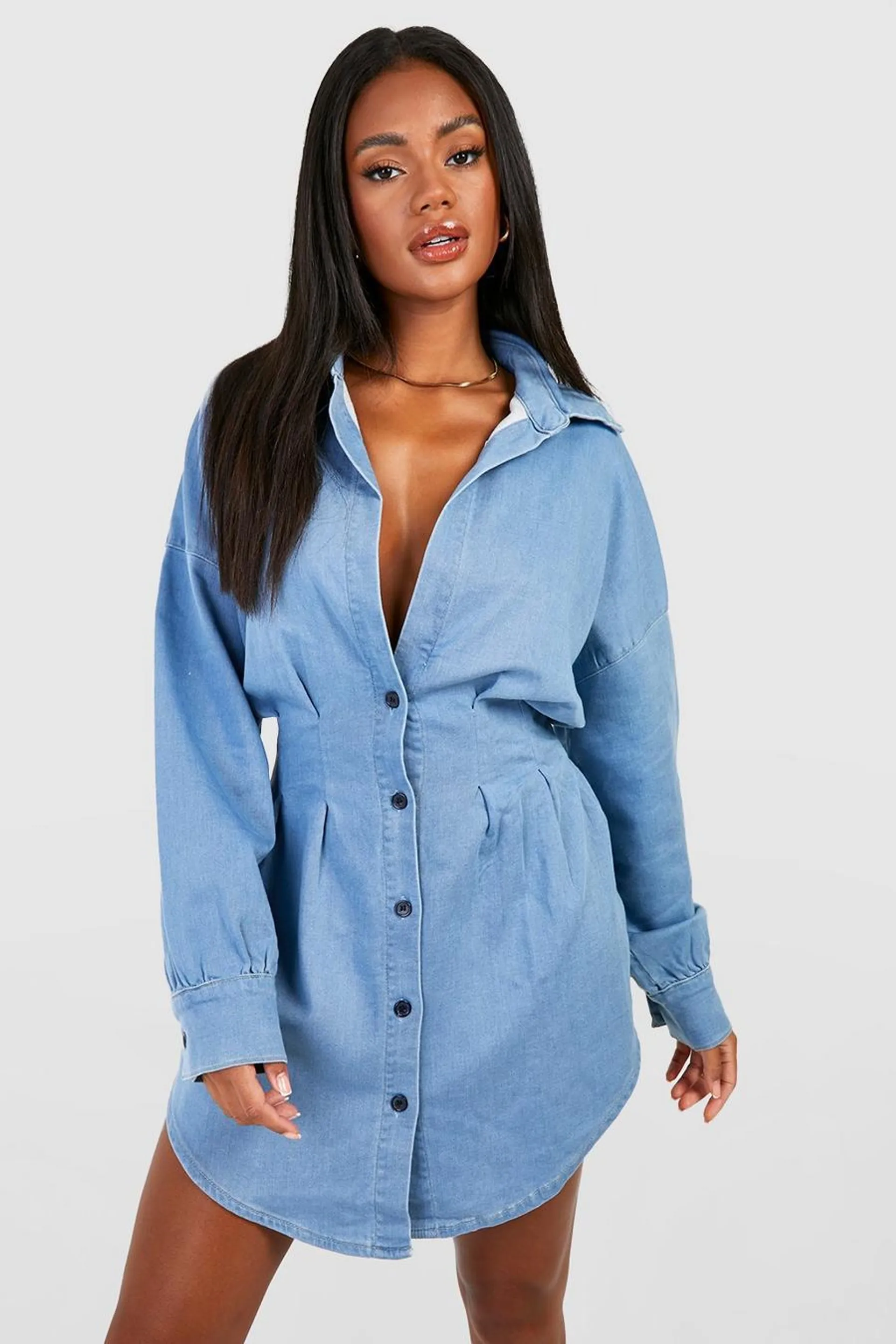 Cinched Waist Denim Shirt Dress