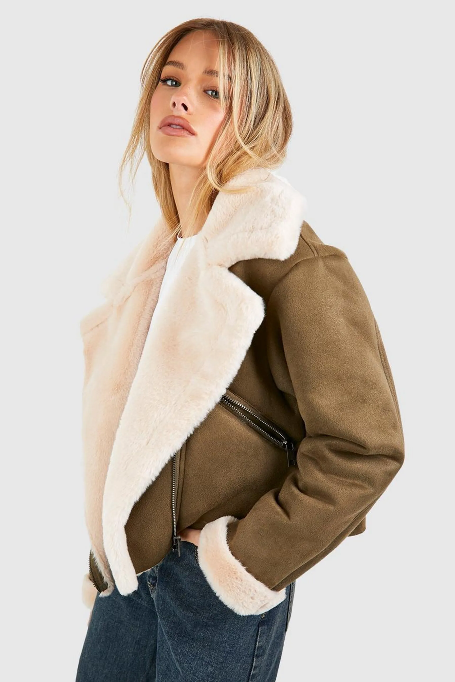 Suedette Faux Fur Trim Aviator