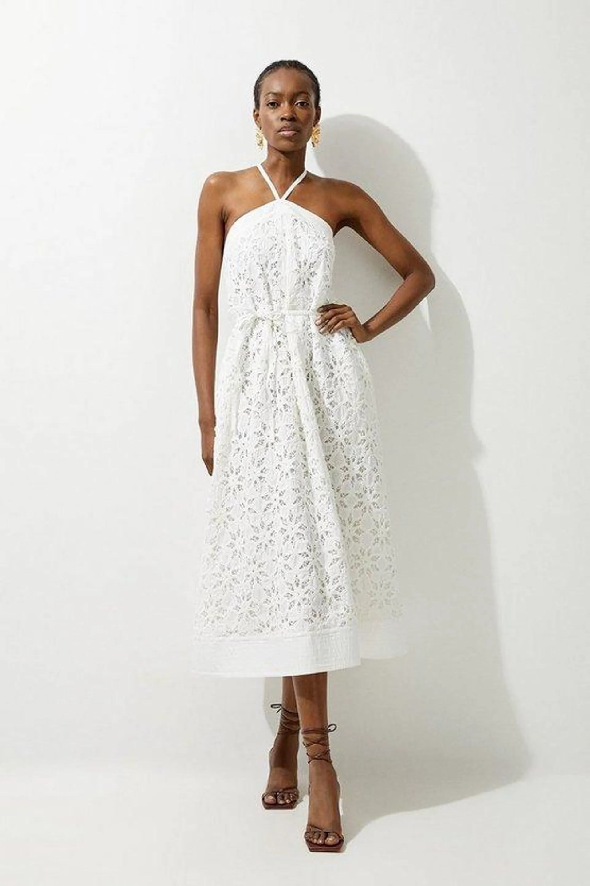 Crafted Cotton Embroidery Woven Halter Maxi Dress