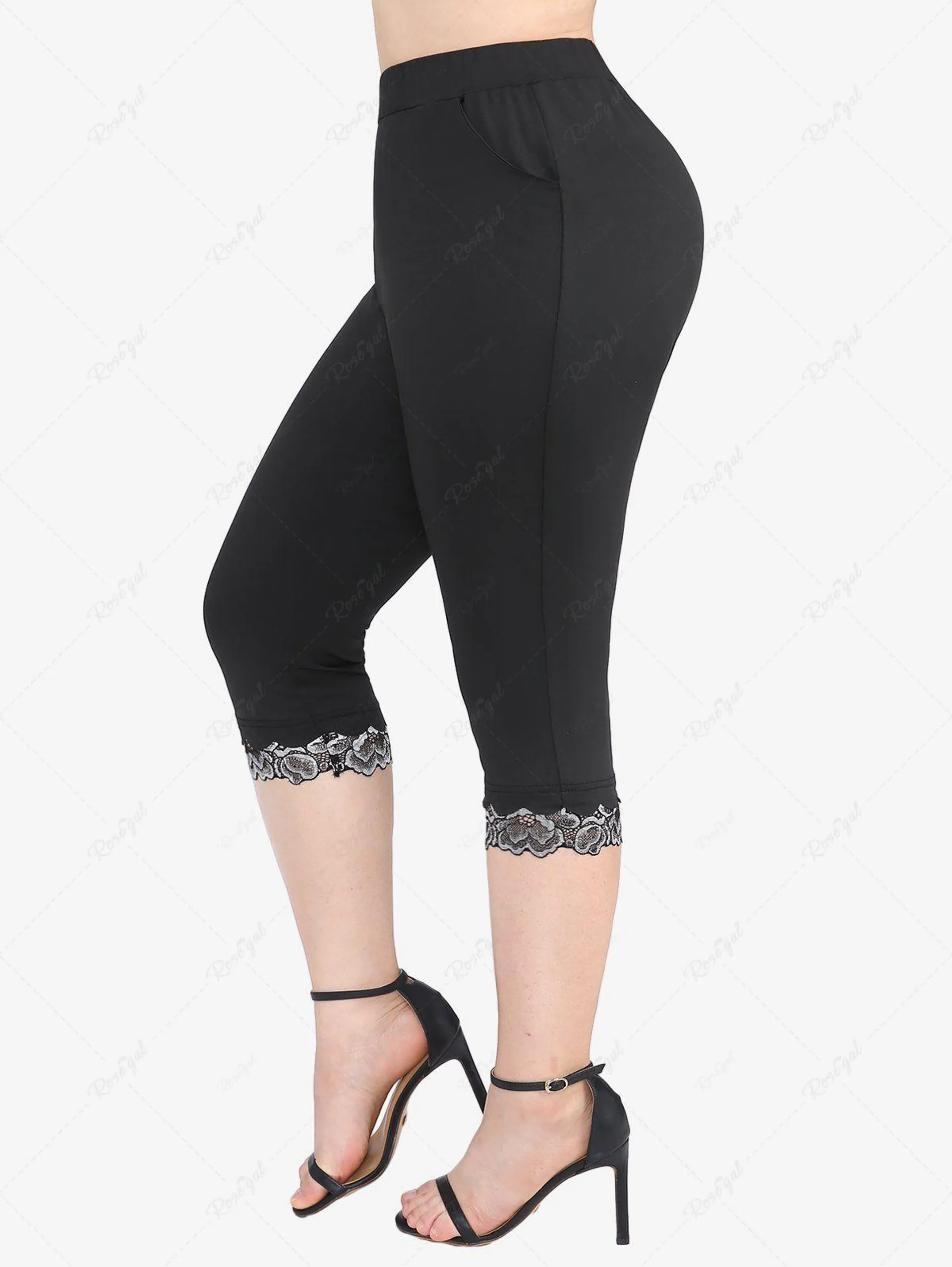 Plus Size Floral Lace Trim Pocket Patchwork Capri Leggings - 3x | Us 22-24