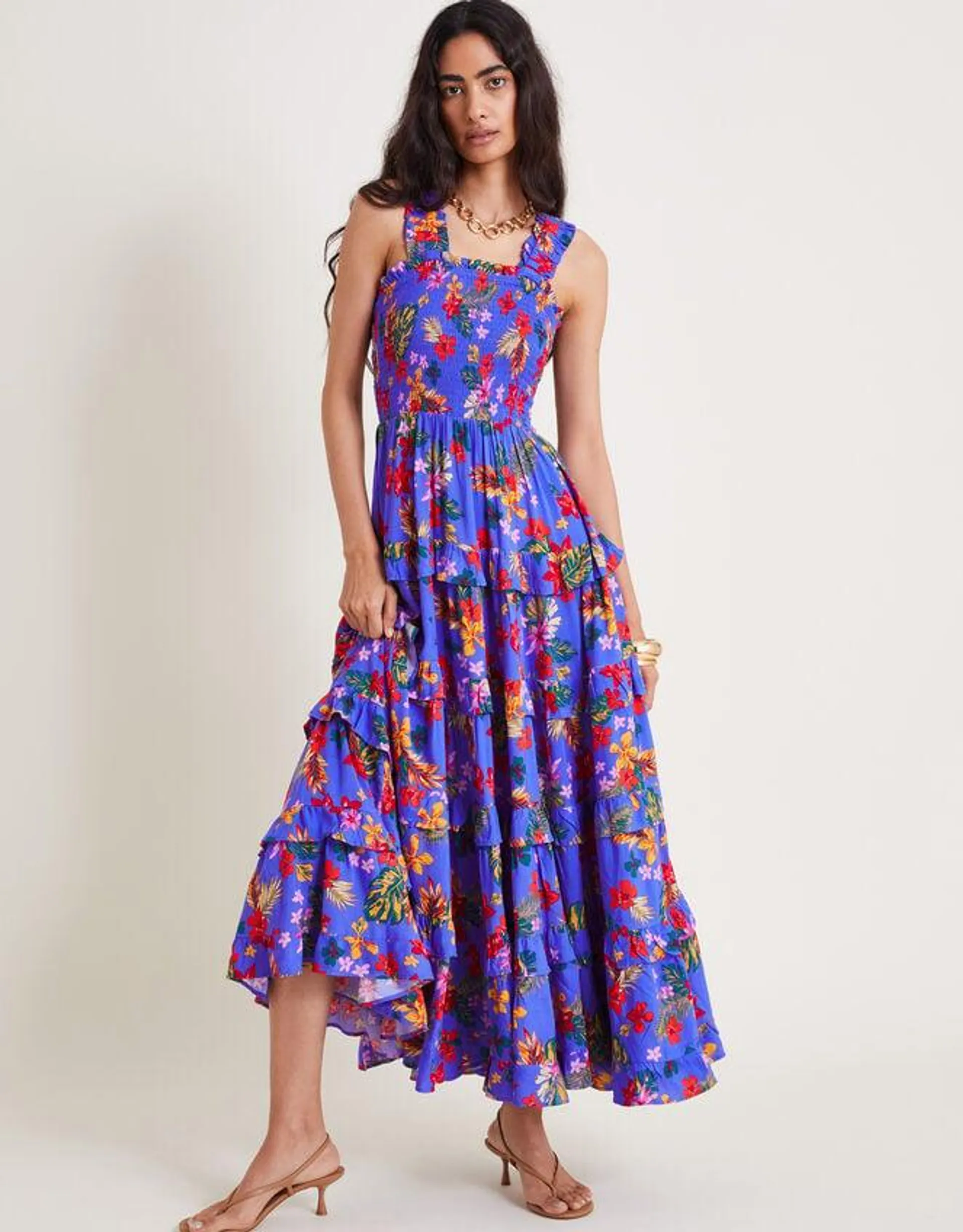 Miley Floral Smocked Ruffle Maxi Dress Blue