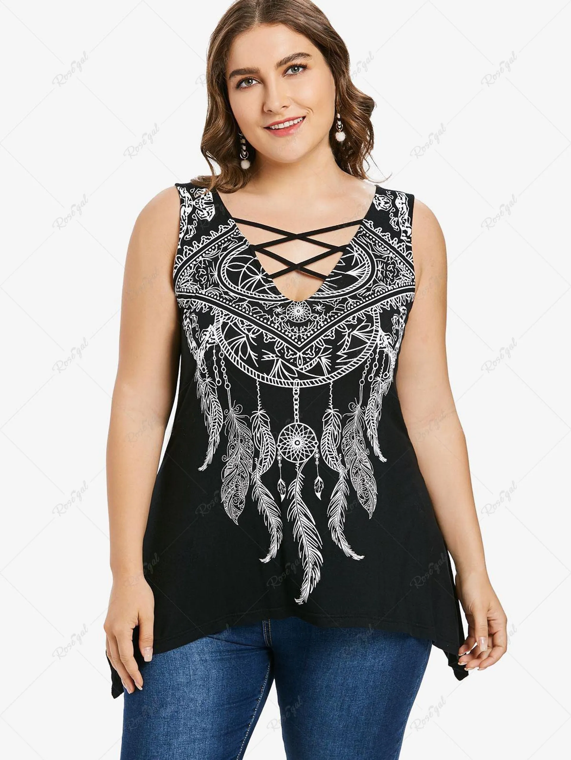 Plus Size Feather Print Criss Cross Tank Top - 4x | Us 26-28