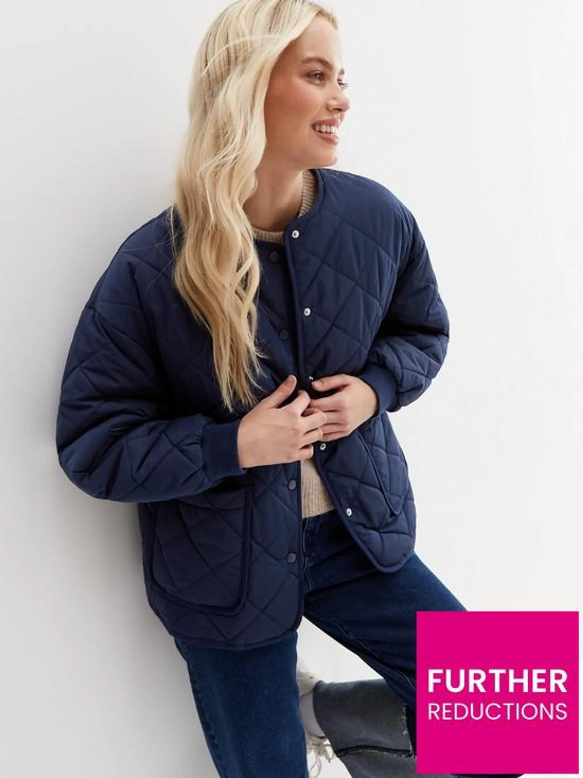 Quilted Collarless Jacket - Navy